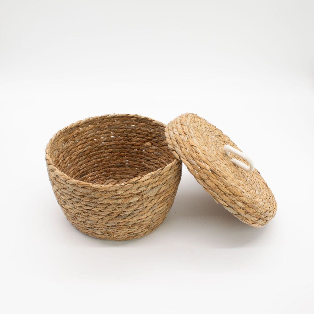 Natural Seagrass and Cotton Round Baskets with Lids Set of 3