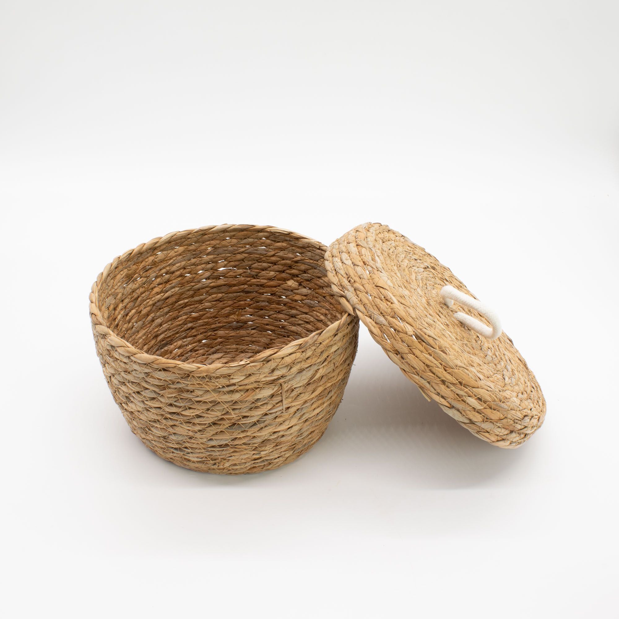Natural Seagrass and Cotton Round Baskets with Lids Set of 3
