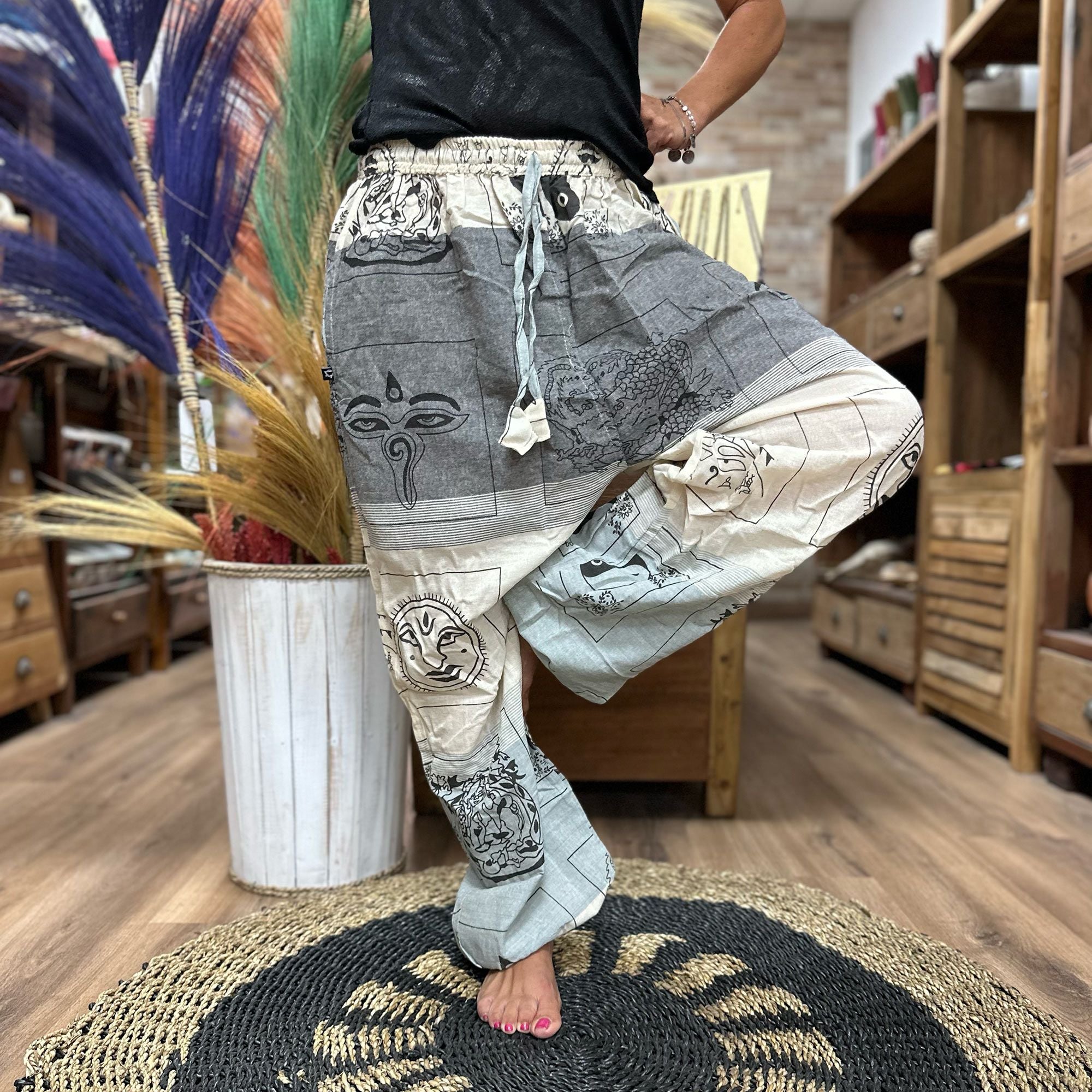 Yoga and Festival Pants High Cross with Himalayan Print in Grey