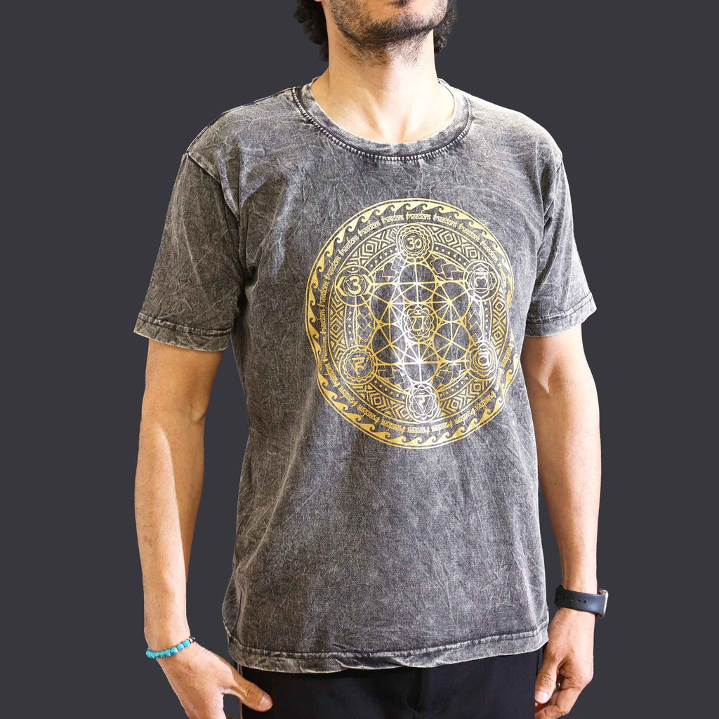 Nomad Sari Stonewashed Cotton T Shirt with Chakra Design Dark Grey