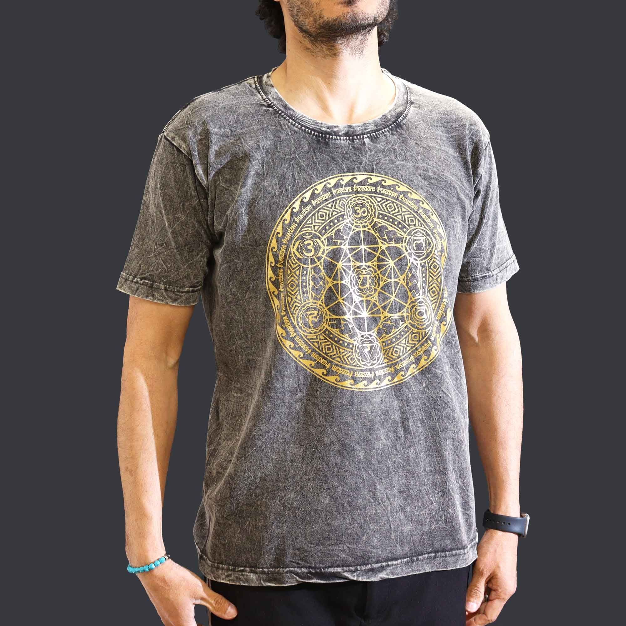 Nomad Sari Stonewashed Cotton T Shirt with Chakra Design Dark Grey