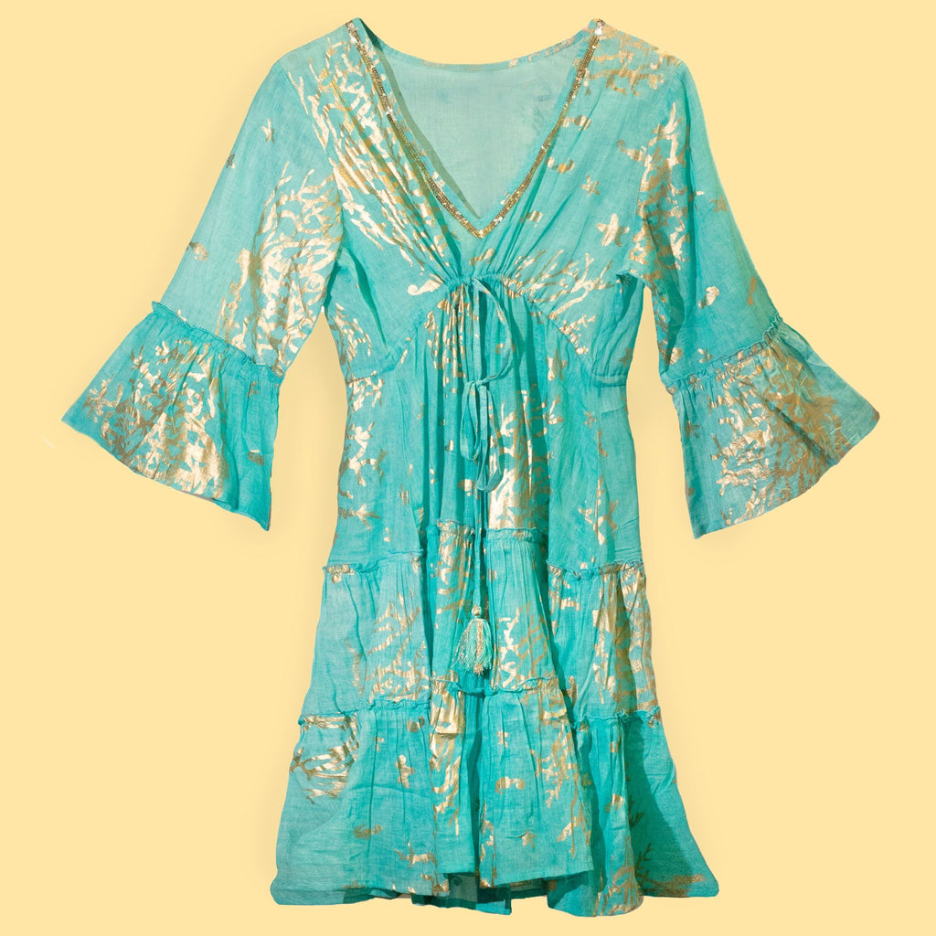 Nomad Sari Turquoise & Gold Coral Print Dress for Summer Wear