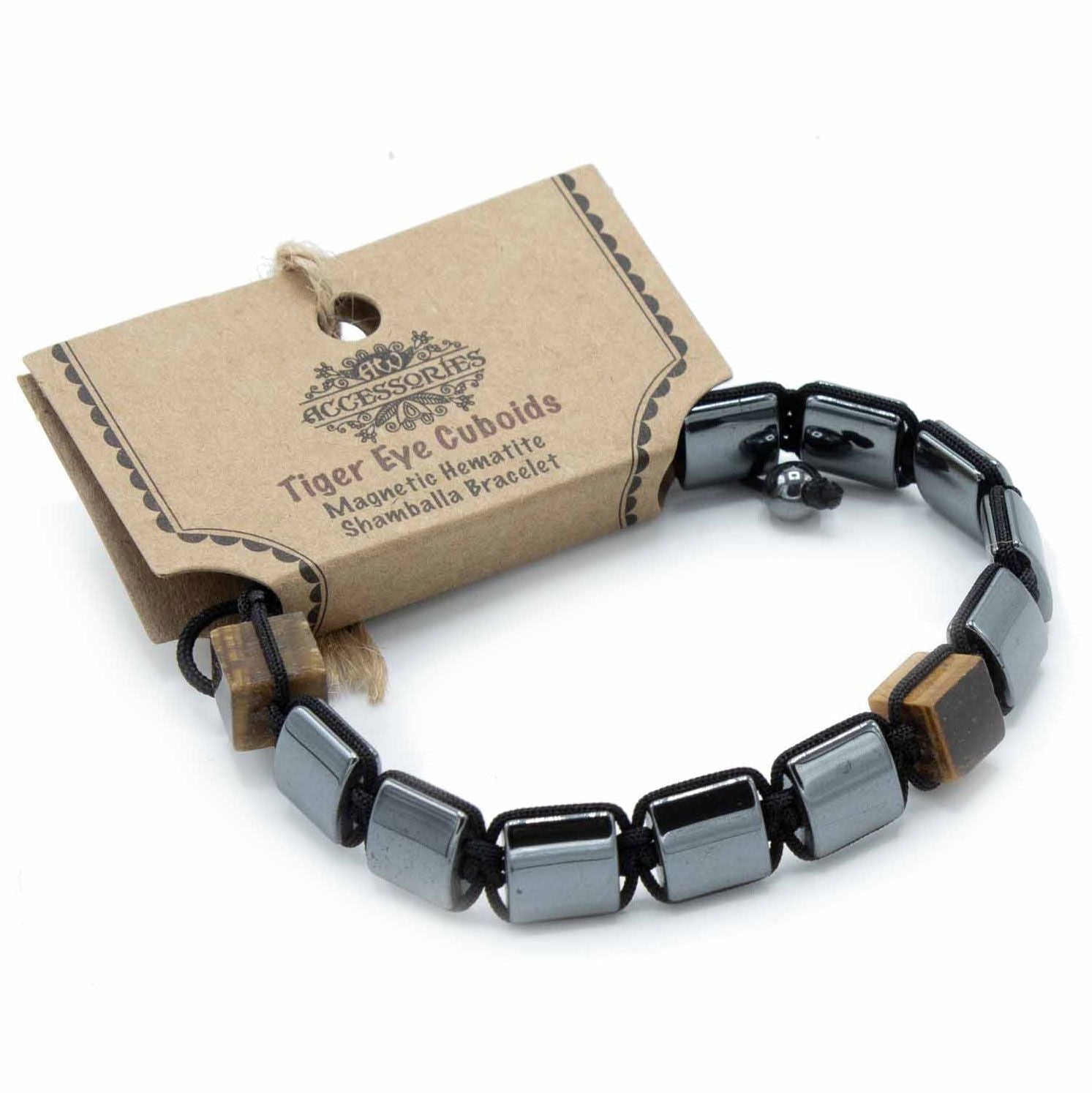 Magnetic Hematite Shamballa Bracelet with Tiger Eye Cuboids