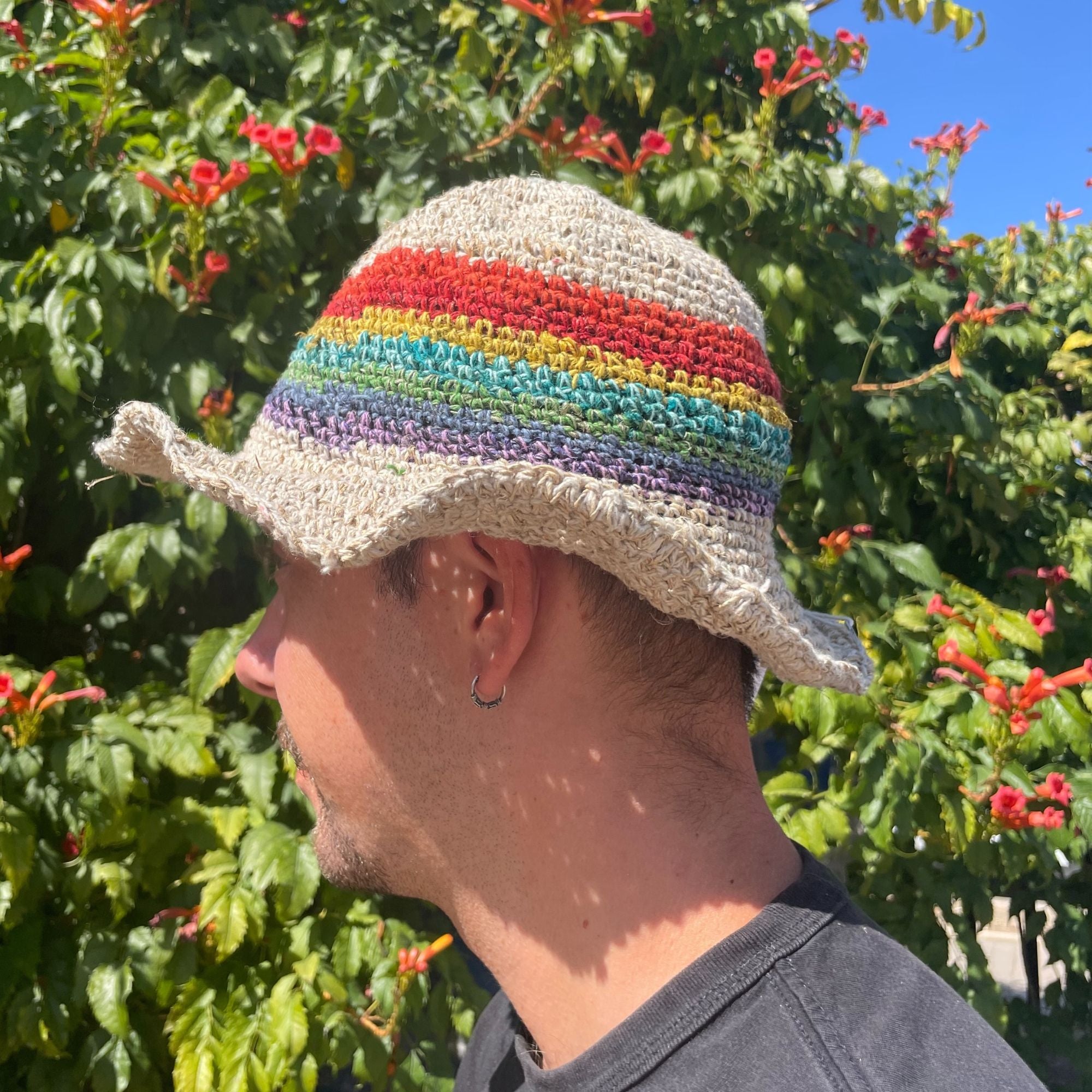 Hand Knited Hemp & Cotton Boho Festival Hat in Rainbow Design
