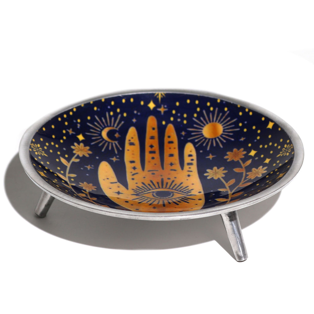 Triple Leg Enamelled Offering Plate Hamsa in Deep Midnight Blue