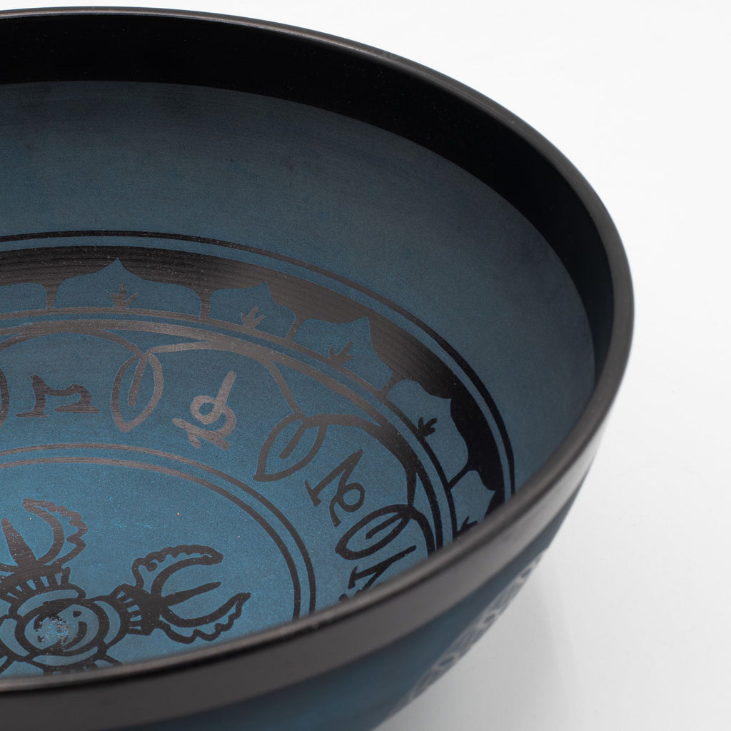 Large Aluminum Singing Bowl with Tibetan Double Dorje Design Blue