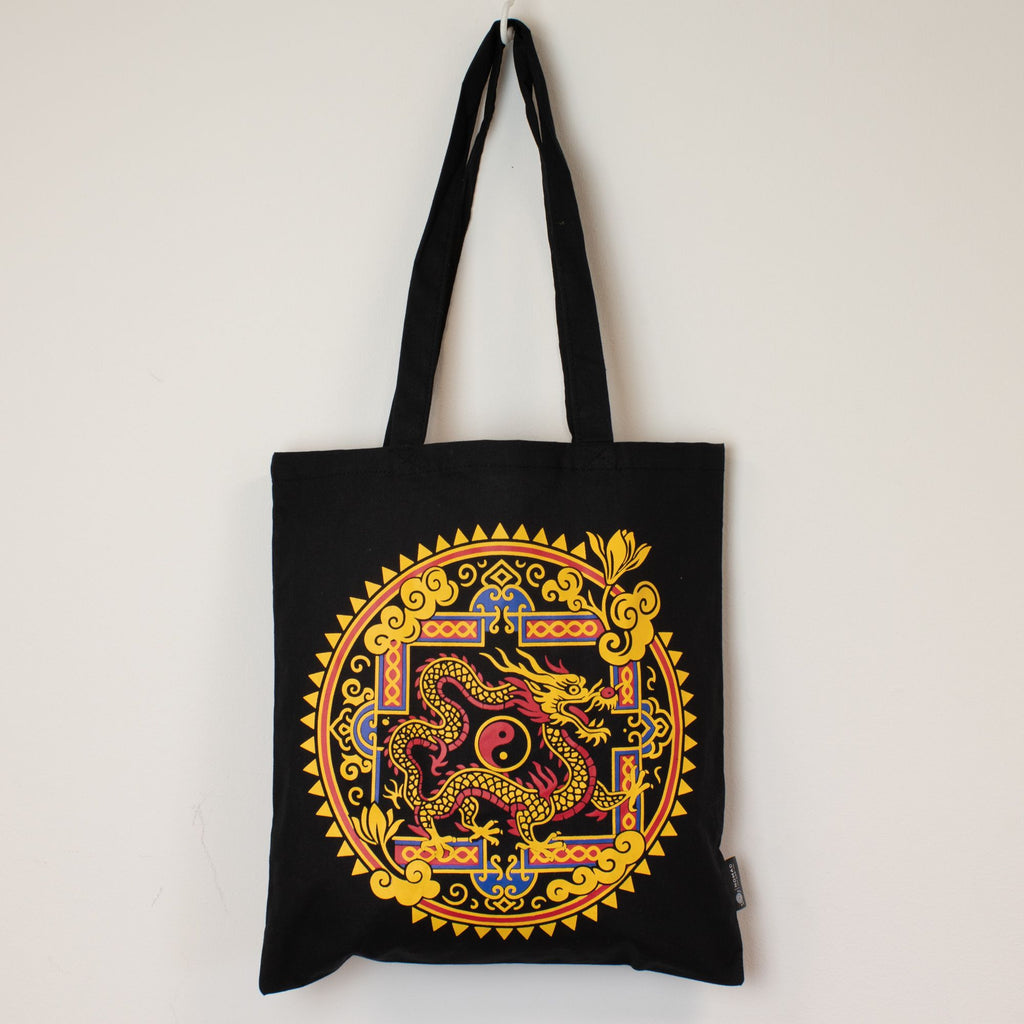 Iconic Classic Tote Bag in Black with Dragon Yin Yang Design