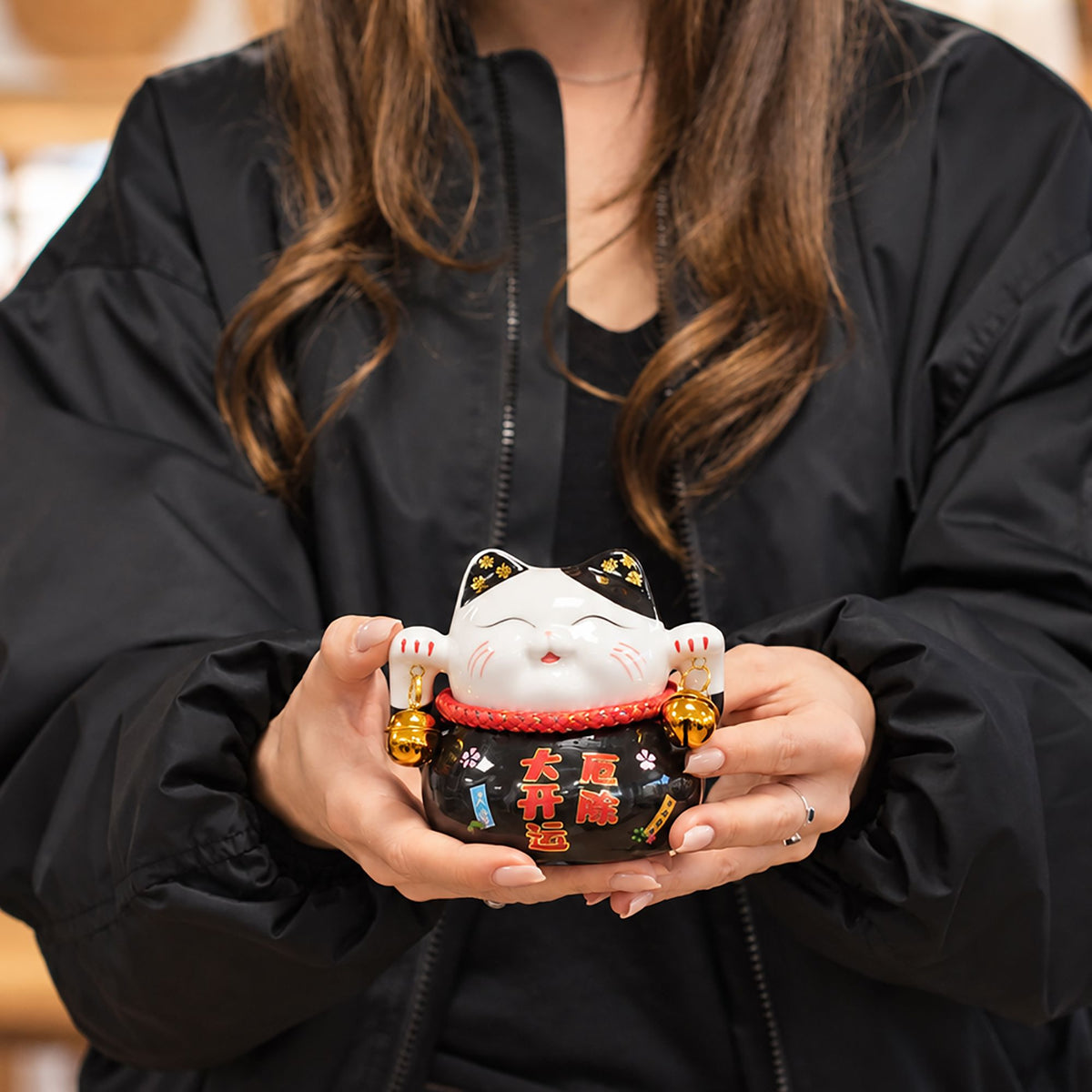 Japanese Lucky Cat Ceramic Money Box on Cushion – Black