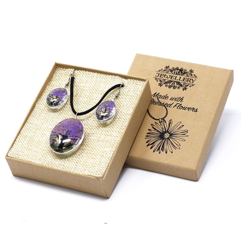 Lavender Pressed Flowers Tree of Life Set with Unique Jewellery Gift