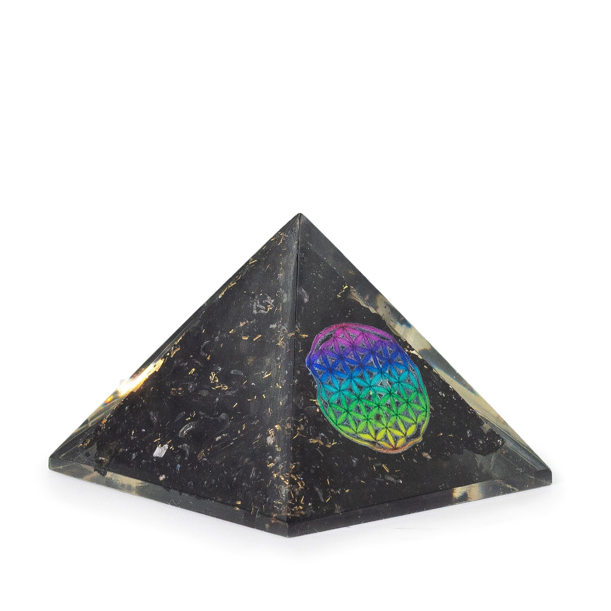 Small Organite Pyramid 5.5x4.5cm - Flower of Life - Black Tormaline Chips