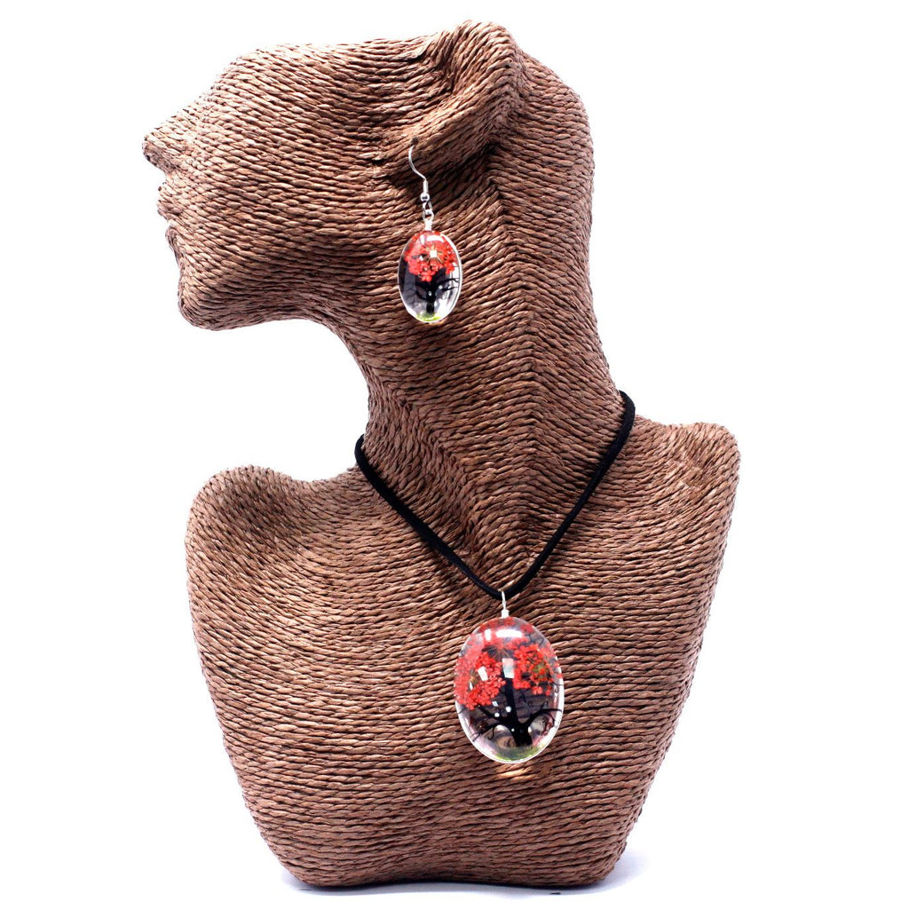 Pressed Flowers Tree of Life Set in Coral Unique Jewellery Gift