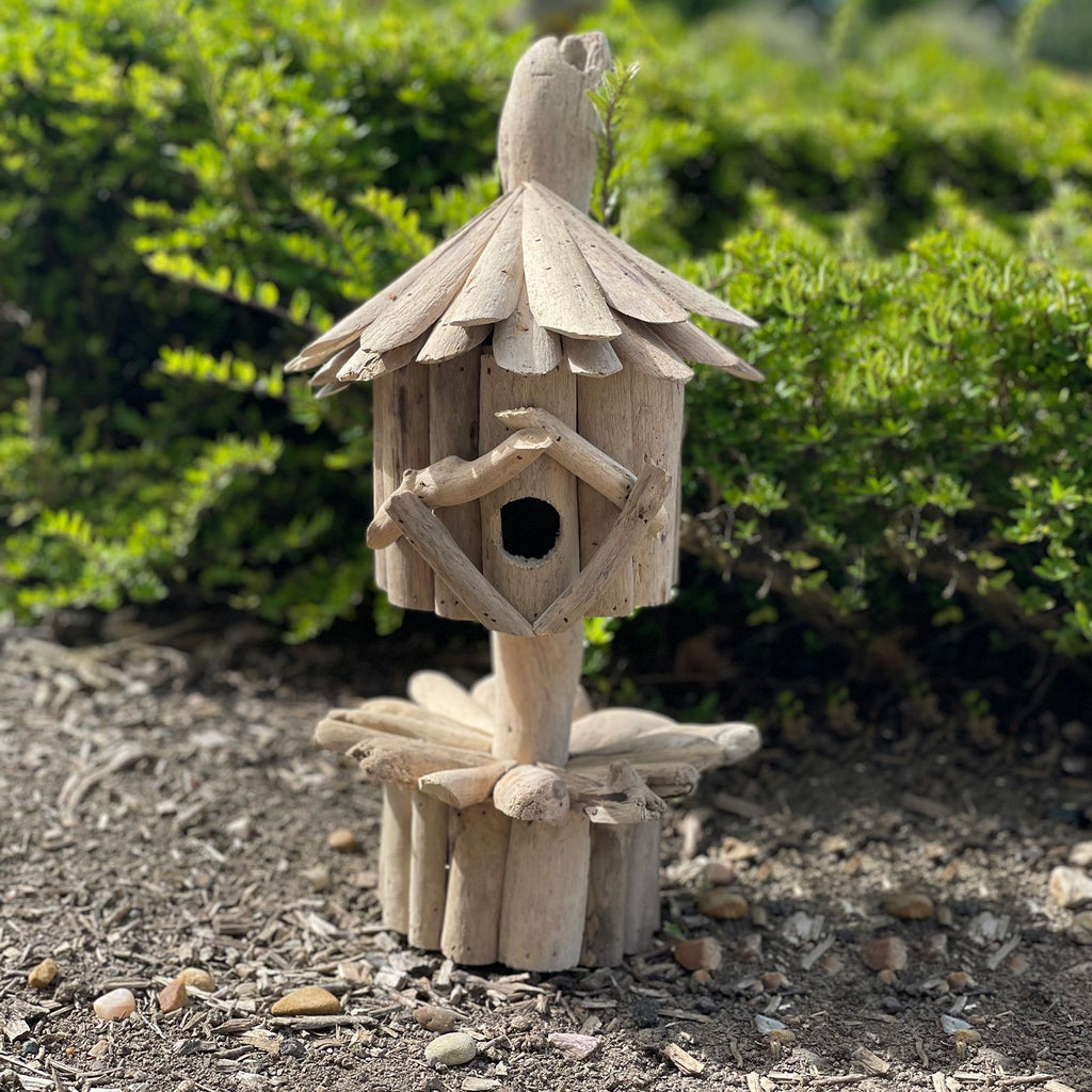 Driftwood Birdbox on Stand for Enchanting Garden Decor and Wildlife