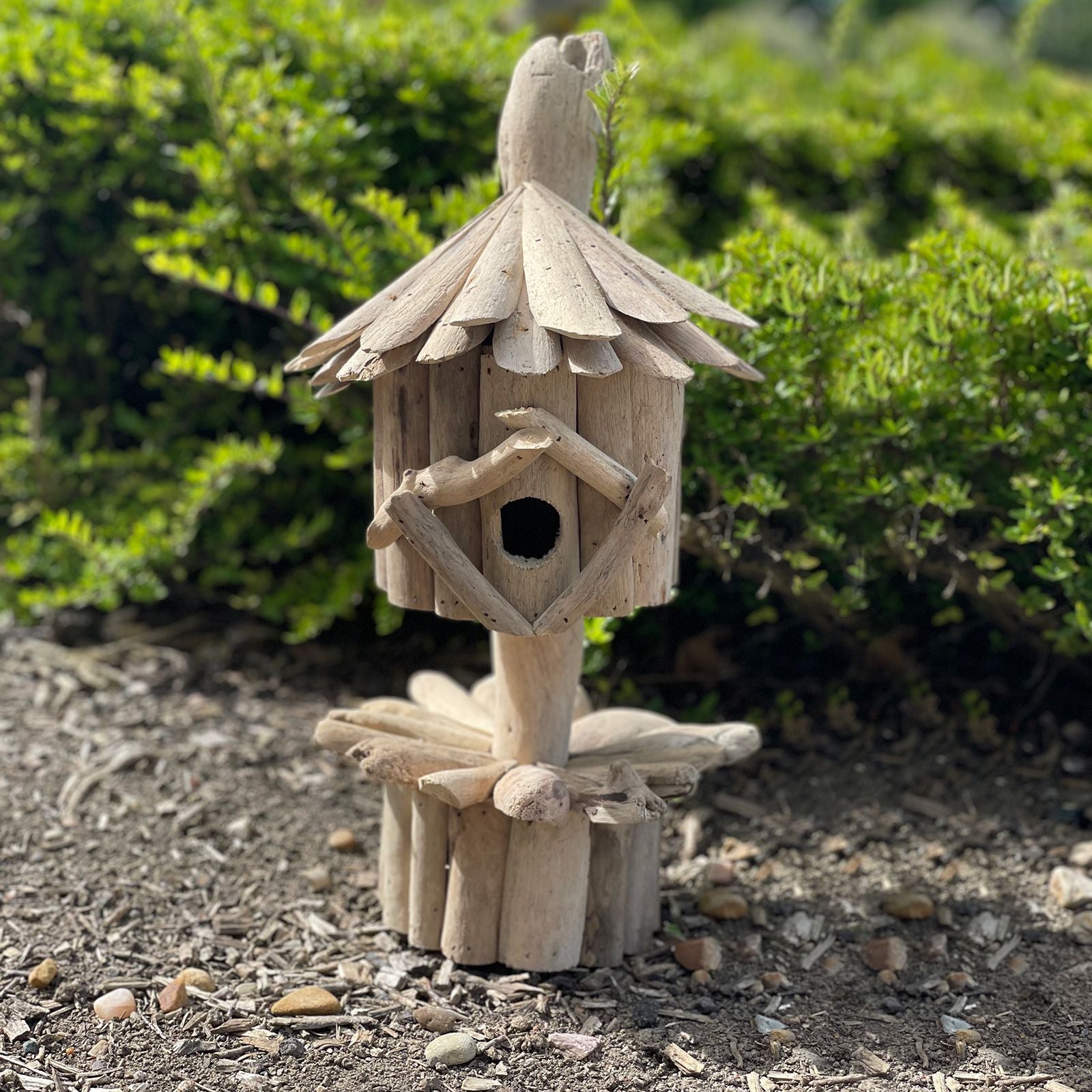 Driftwood Birdbox on Stand for Enchanting Garden Decor and Wildlife