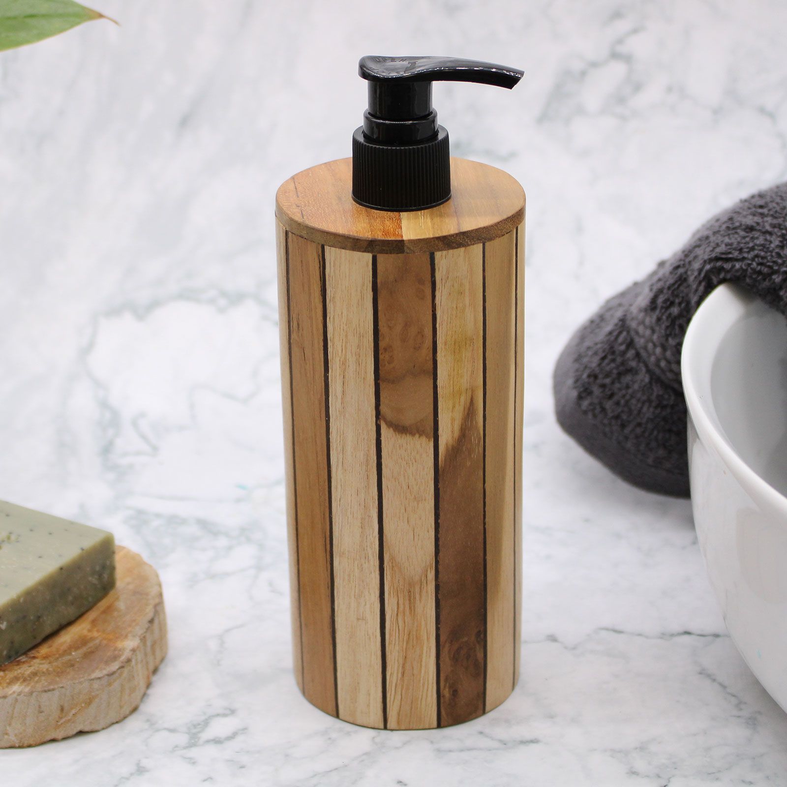 Natural Teakwood Round Soap Dispenser for Kitchen and Bathroom