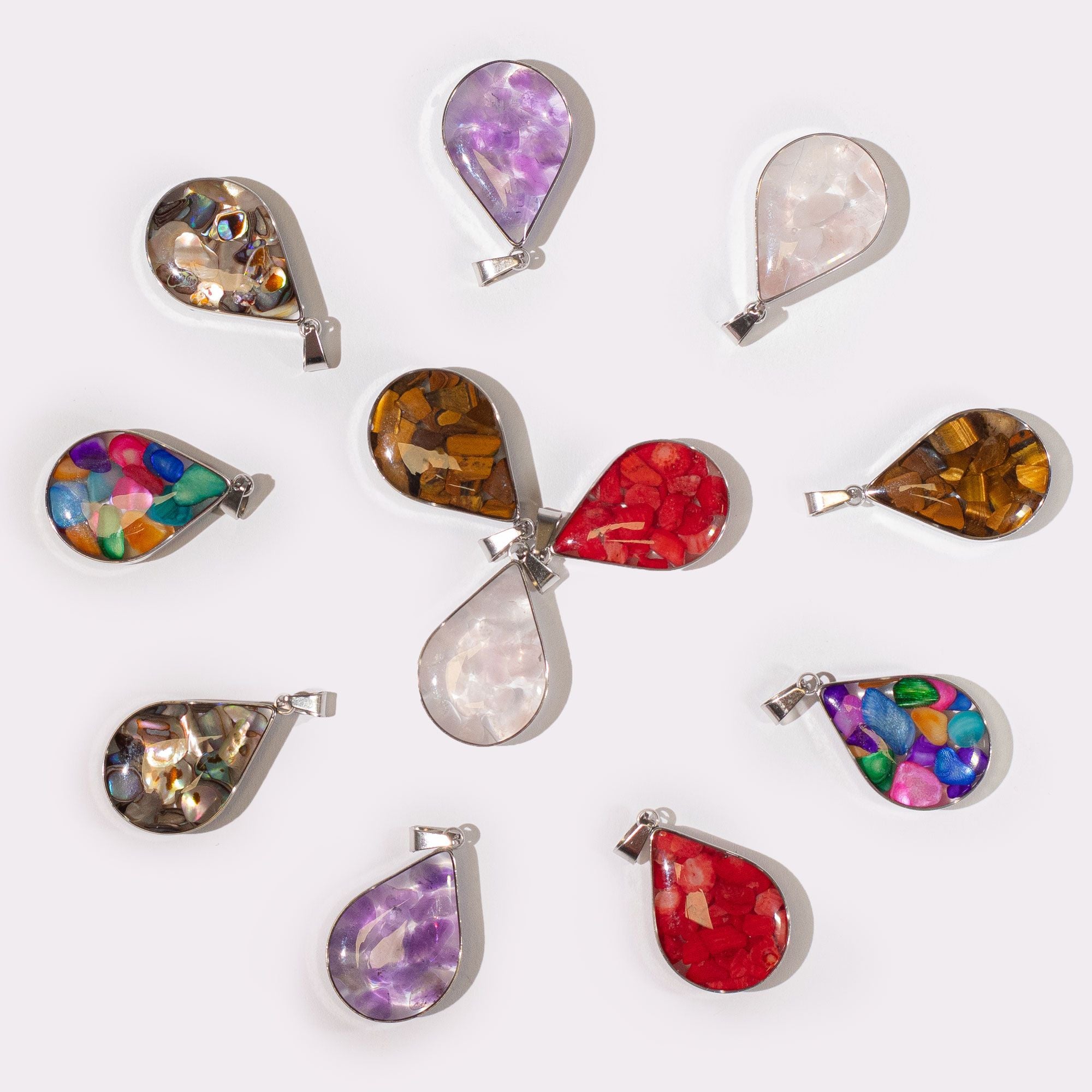 Steel Cased Pendant Teardrops with 12 Assorted Gemstone Chips