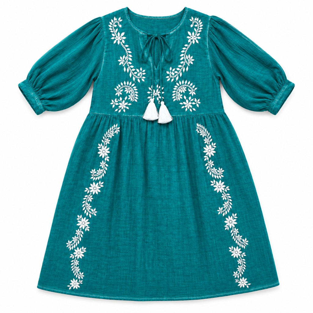 Nomad Sari On the Med Collection Turquoise Dress with Embroidery
