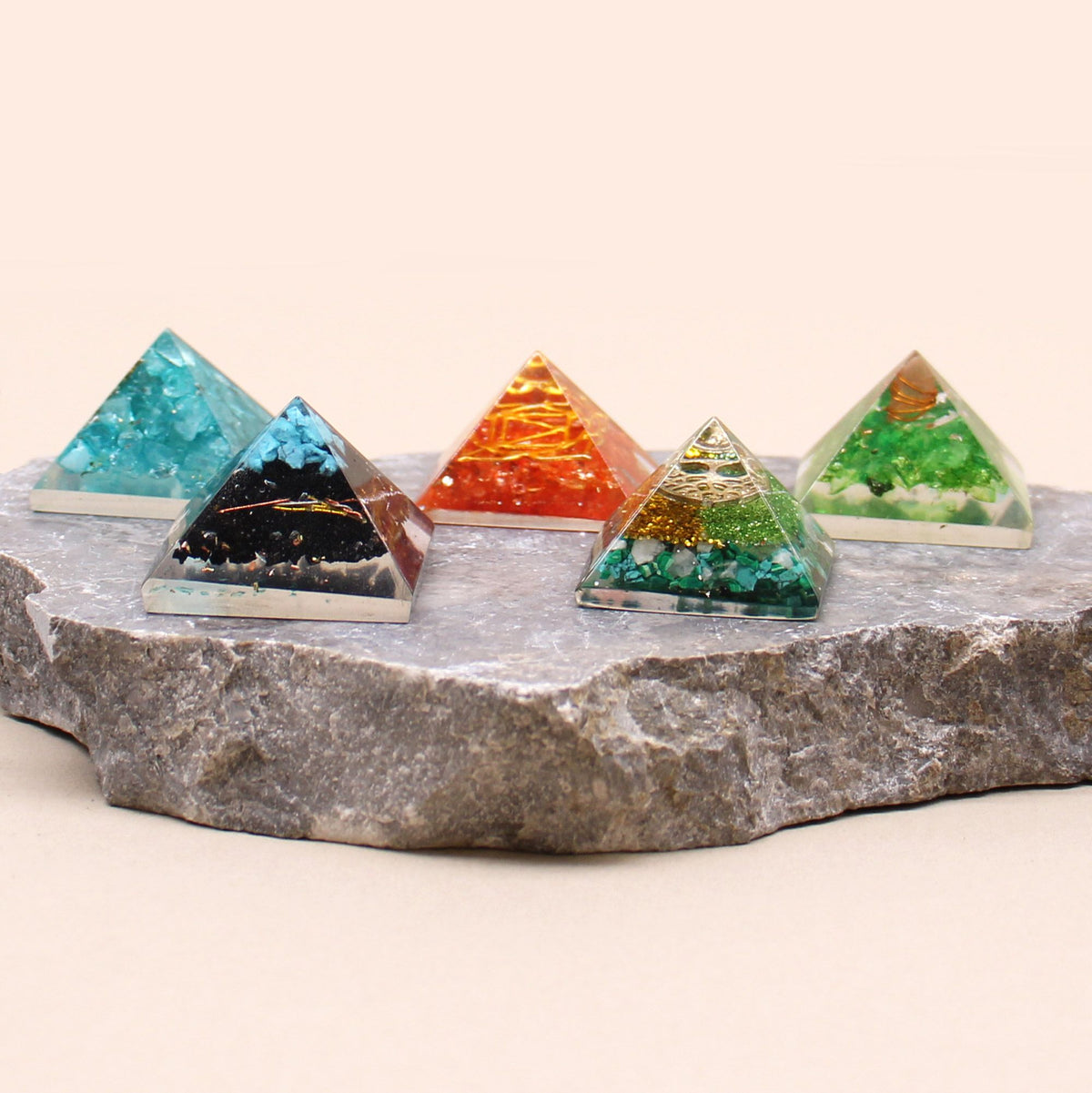Small Orgonite Pyramid 25mm Gemchips and Copper (assorted colours/designs)