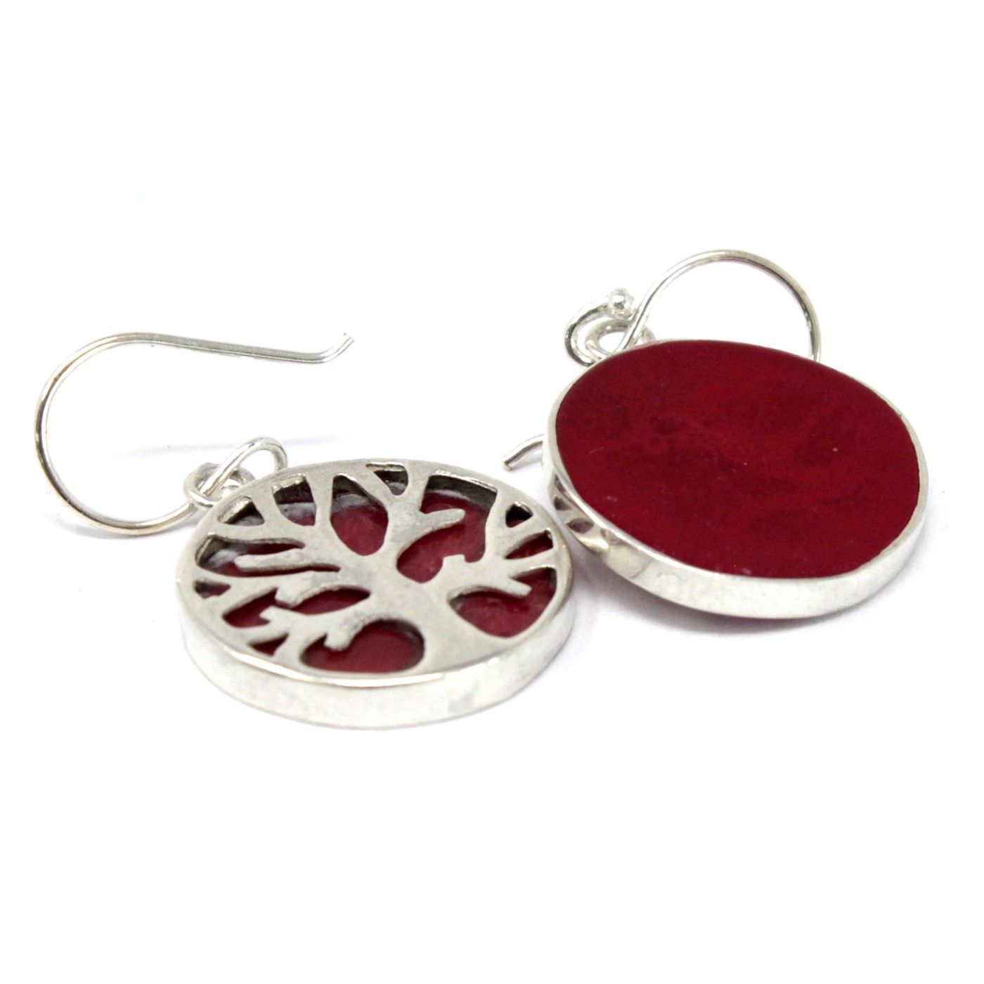 Tree of Life Silver Earrings 15mm with Coral Effect Design