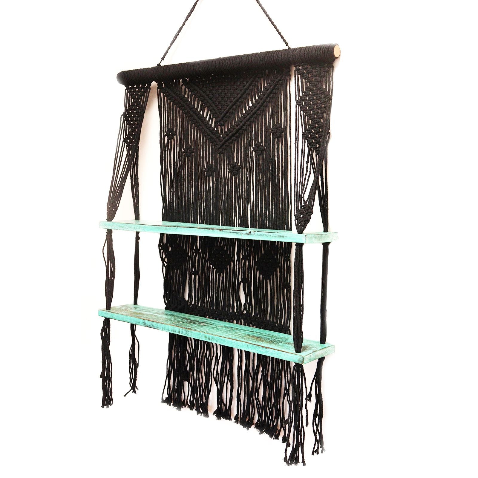 Black Macrame Hanging Shelves with Turquoise Accents for Decor