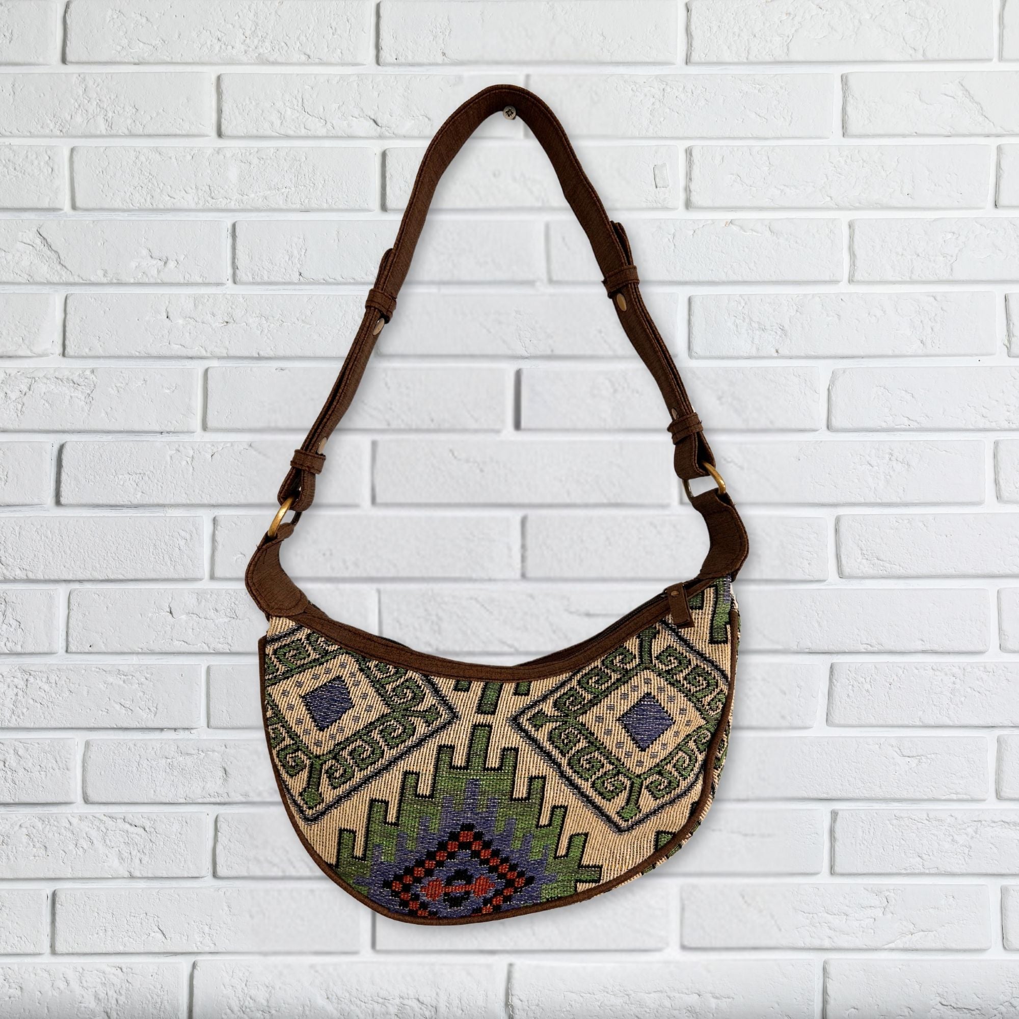 Jacquard Hobo Bag Geo Geen with Brown Strap for Daily Use