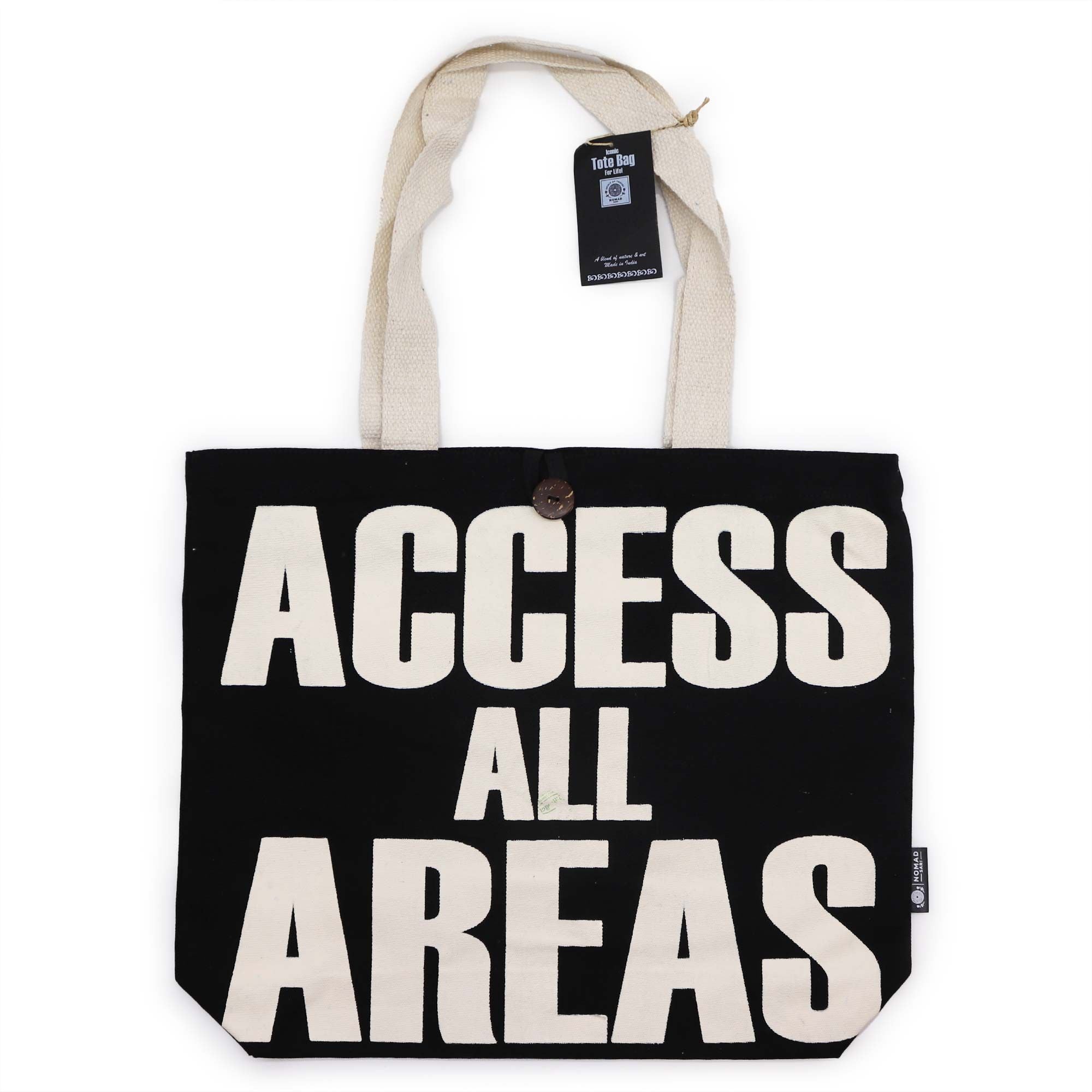 Iconic Classic Tote Bag Access All Areas in Black and Natural