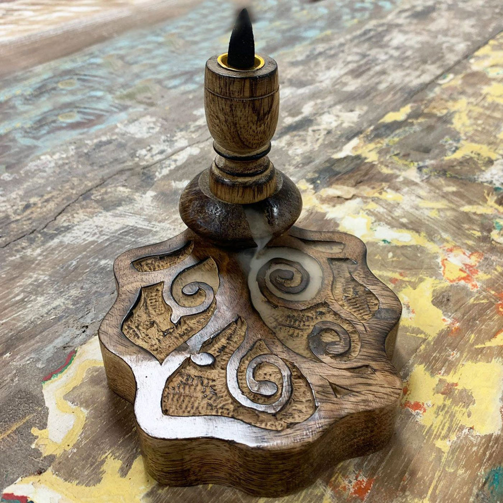 Small Mango Wood Backflow Burner with Tree of Life Design for Home