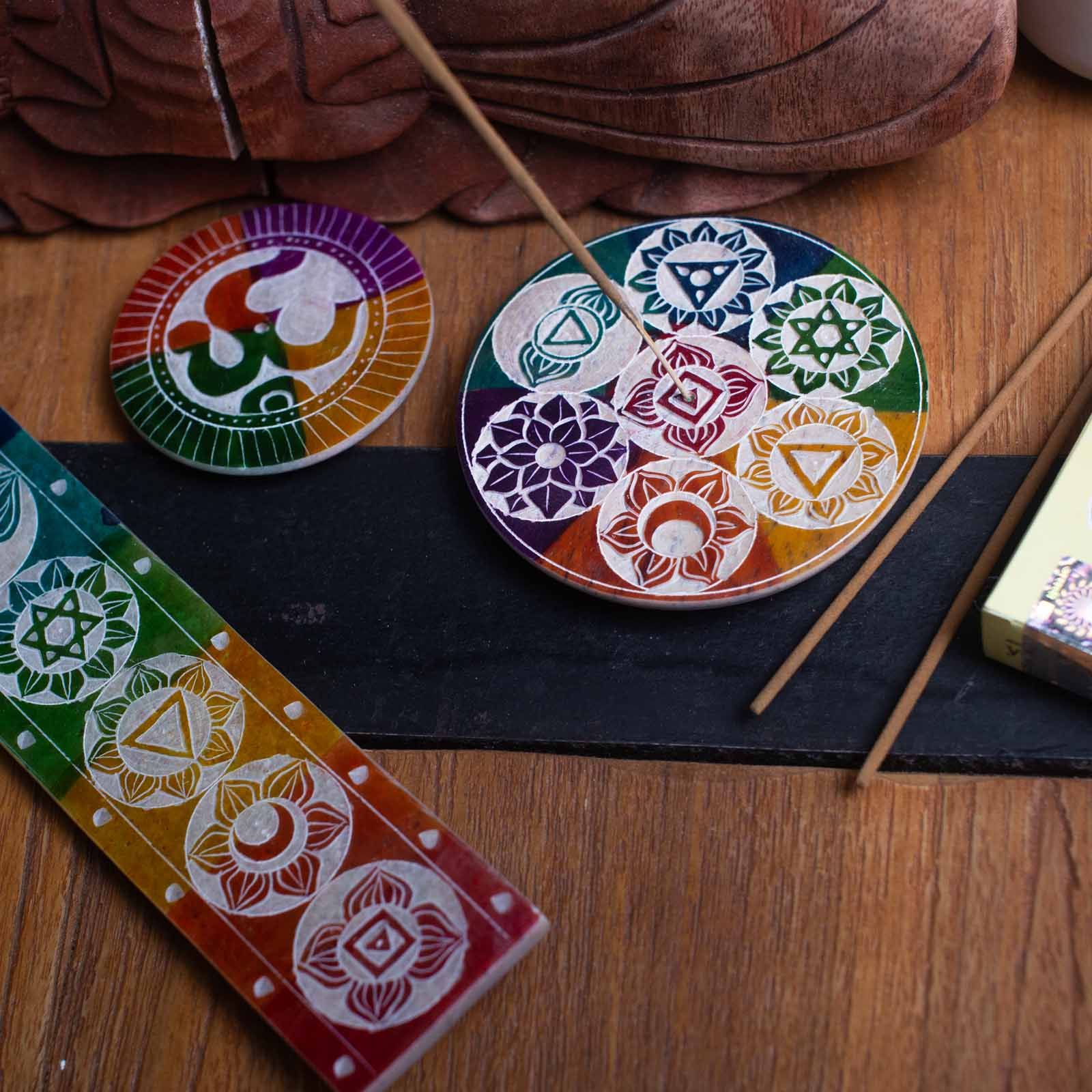Soapstone Disc Incense Holder 8cm with Sacred Om Symbol Design