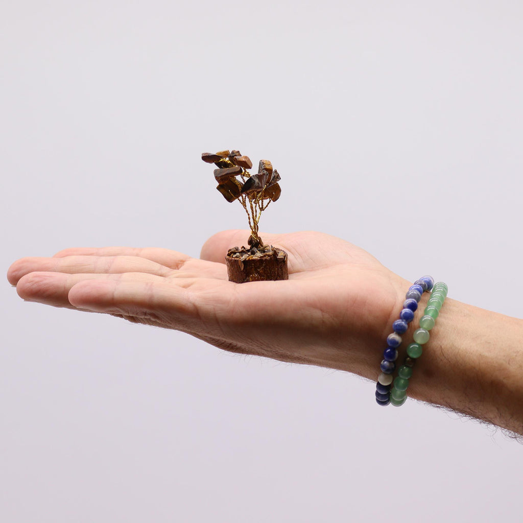 Mini Gemstone Tree on Wood Base with 15 Tiger Eye Stones