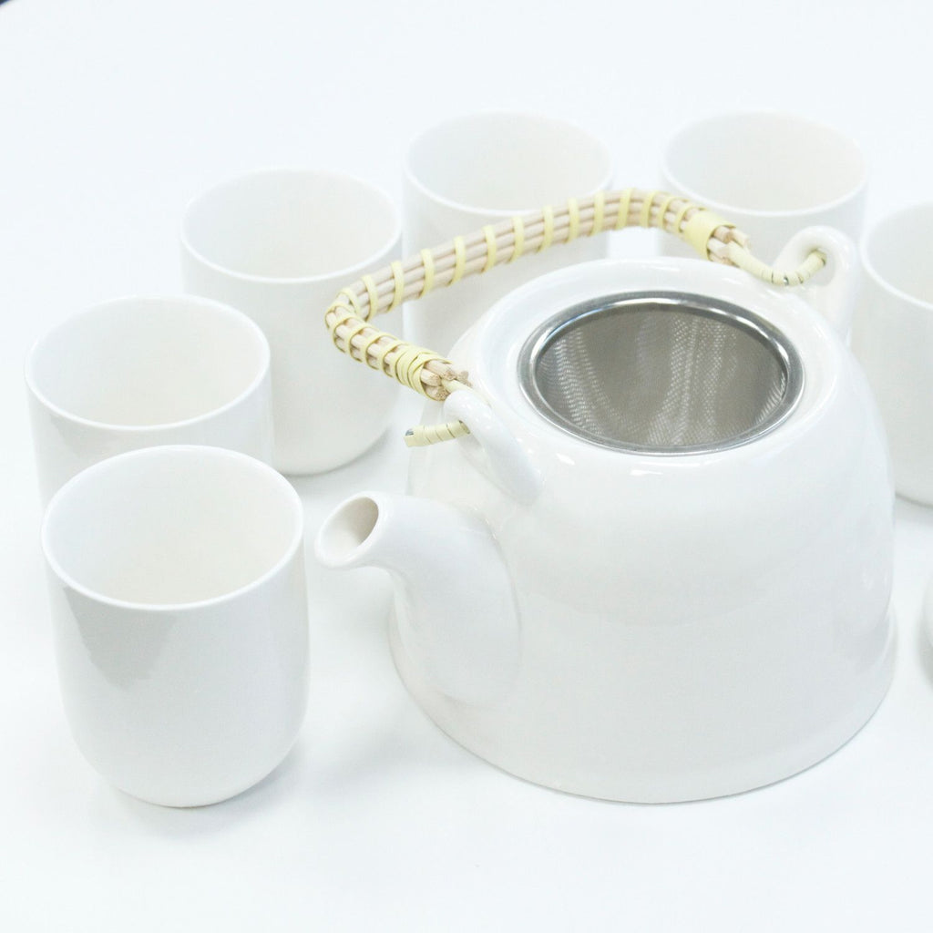 Herbal Teapot Set Classic White with Six Matching Tea Cups
