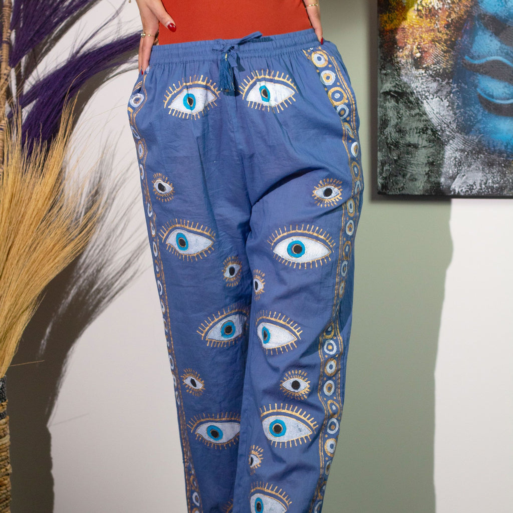 Nomad Sari Lounge Pants in Rich Blue with Gold Evil Eye Design