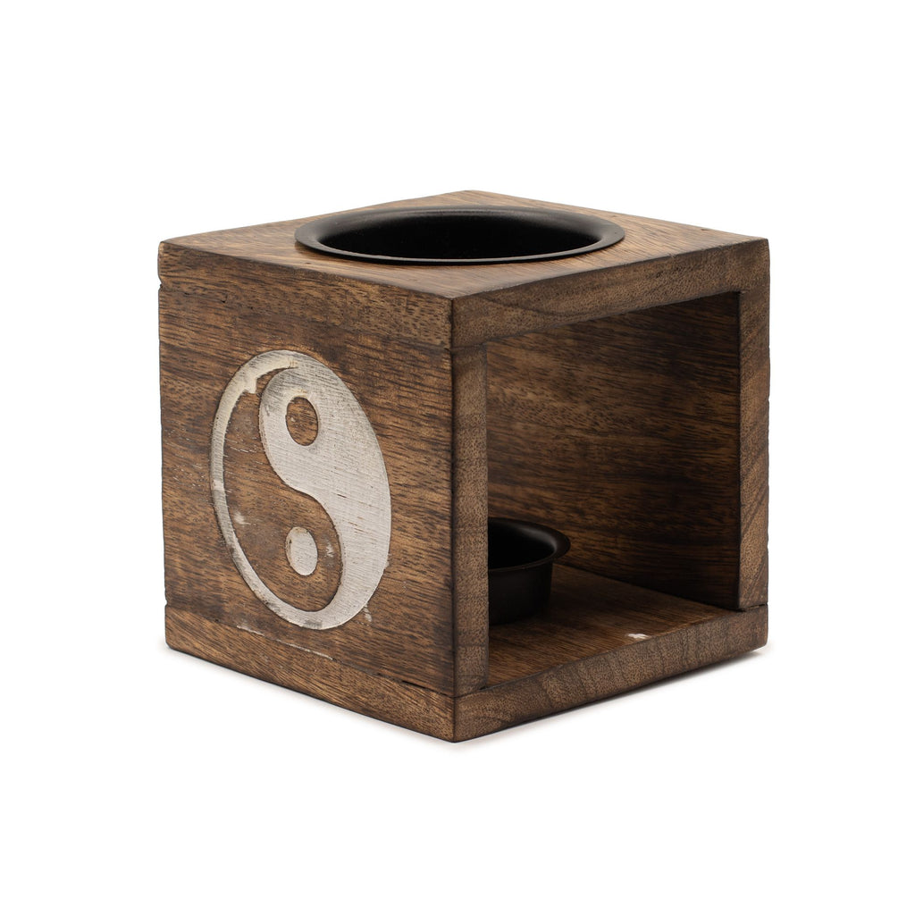 Square Mango Wood Oil Burner with Yin Yang Design for Aromatherapy