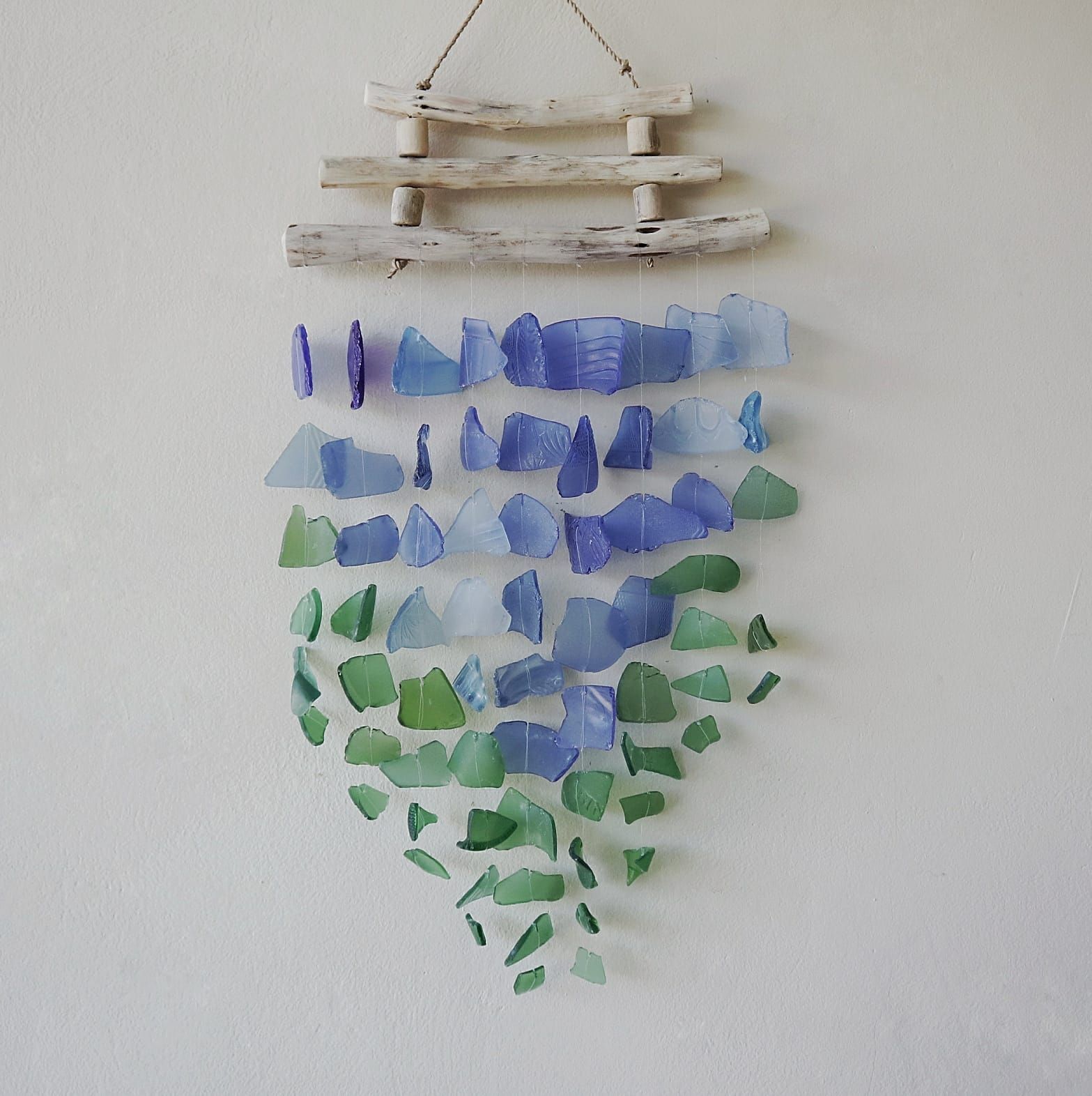 Three Stick Blue and Green Recycled Glass Wind Chimes