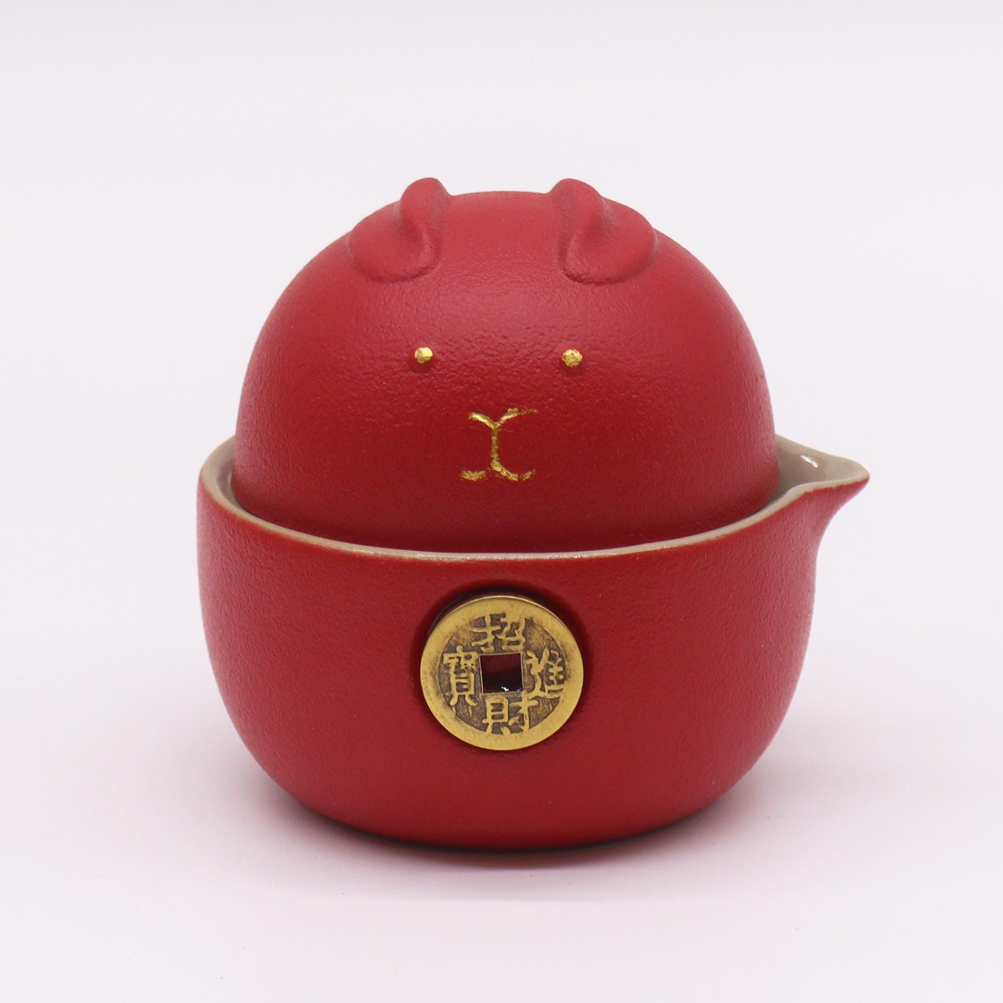 Money Cat Teapot Set with Two Cups and Travel Case in Red
