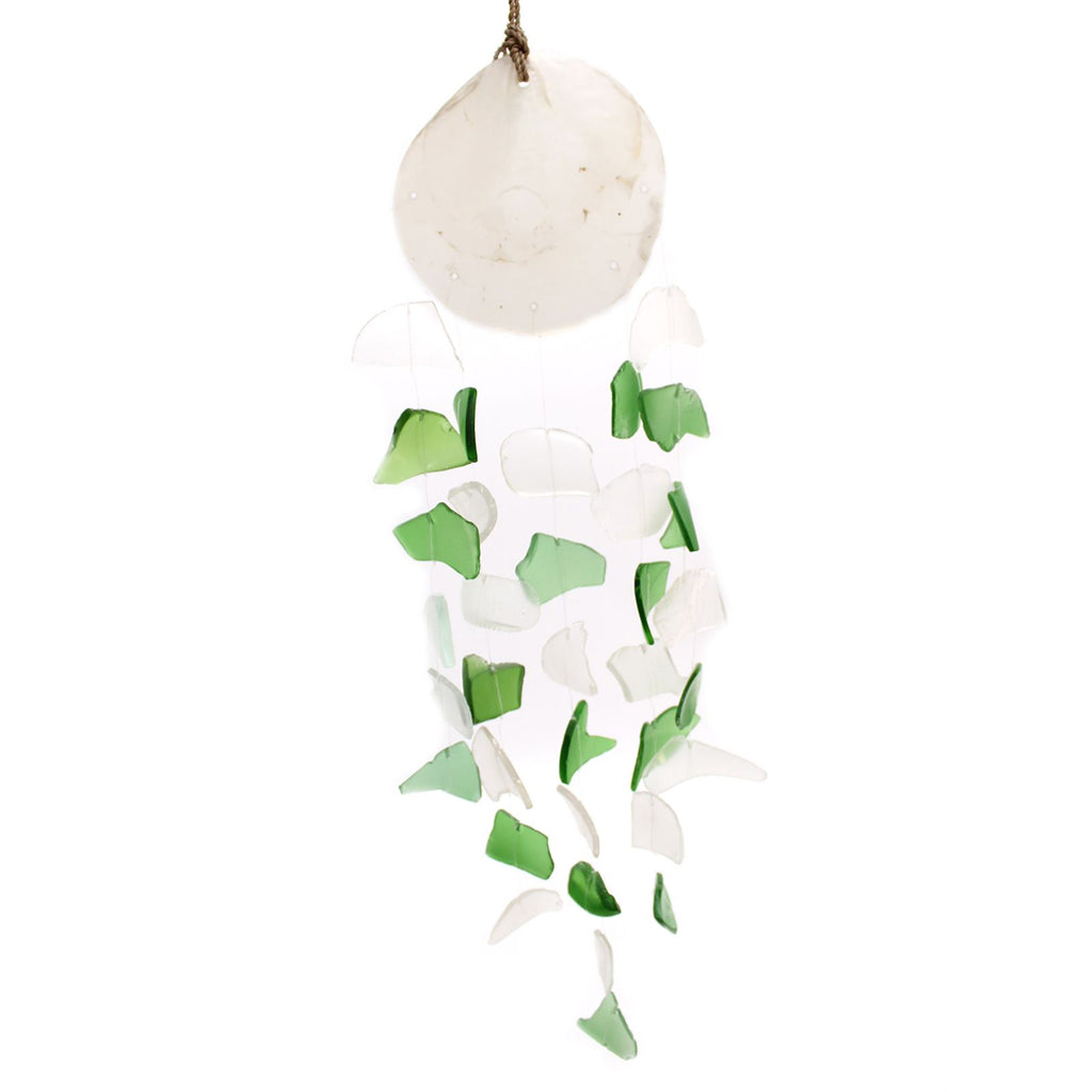 Recycled Glass Wind Chimes Copis & Glass Drop in Green & White