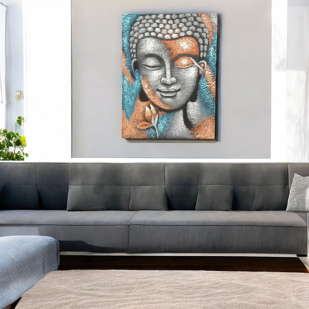 Buddha Painting Serene Silver and Rose Gold Flower Art 75x55cm