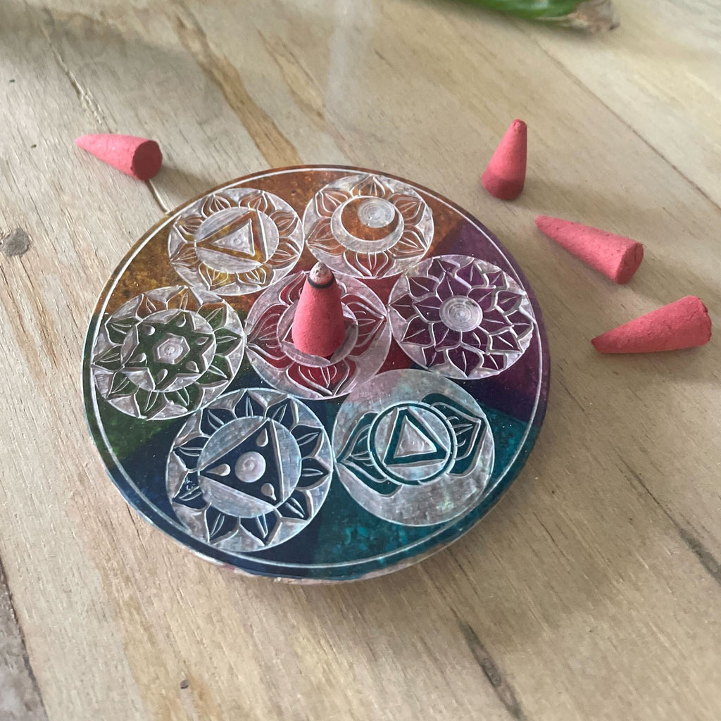 Soapstone Disc Incense Cone Holder 10cm with Seven Chakra Symbols