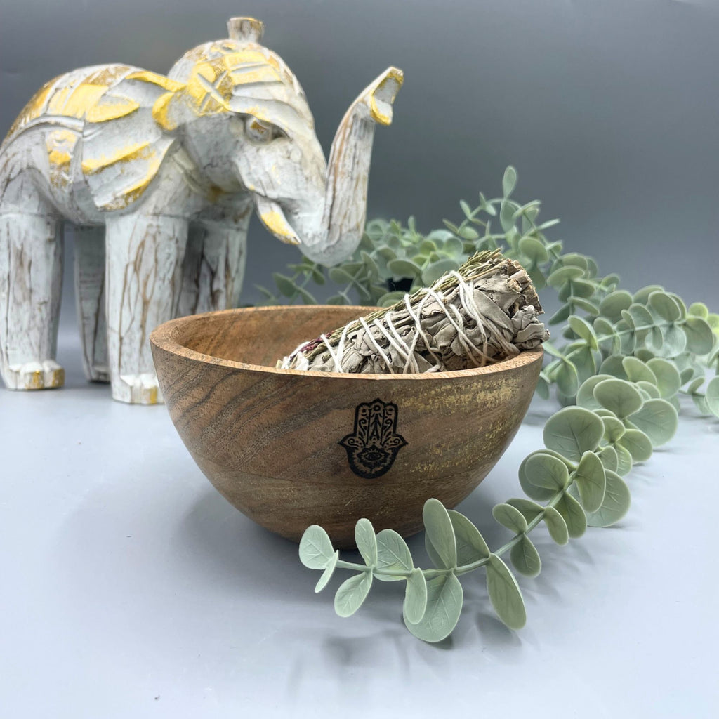 Wooden Smudge Bowl with Hamsa Design for Ritual Offerings