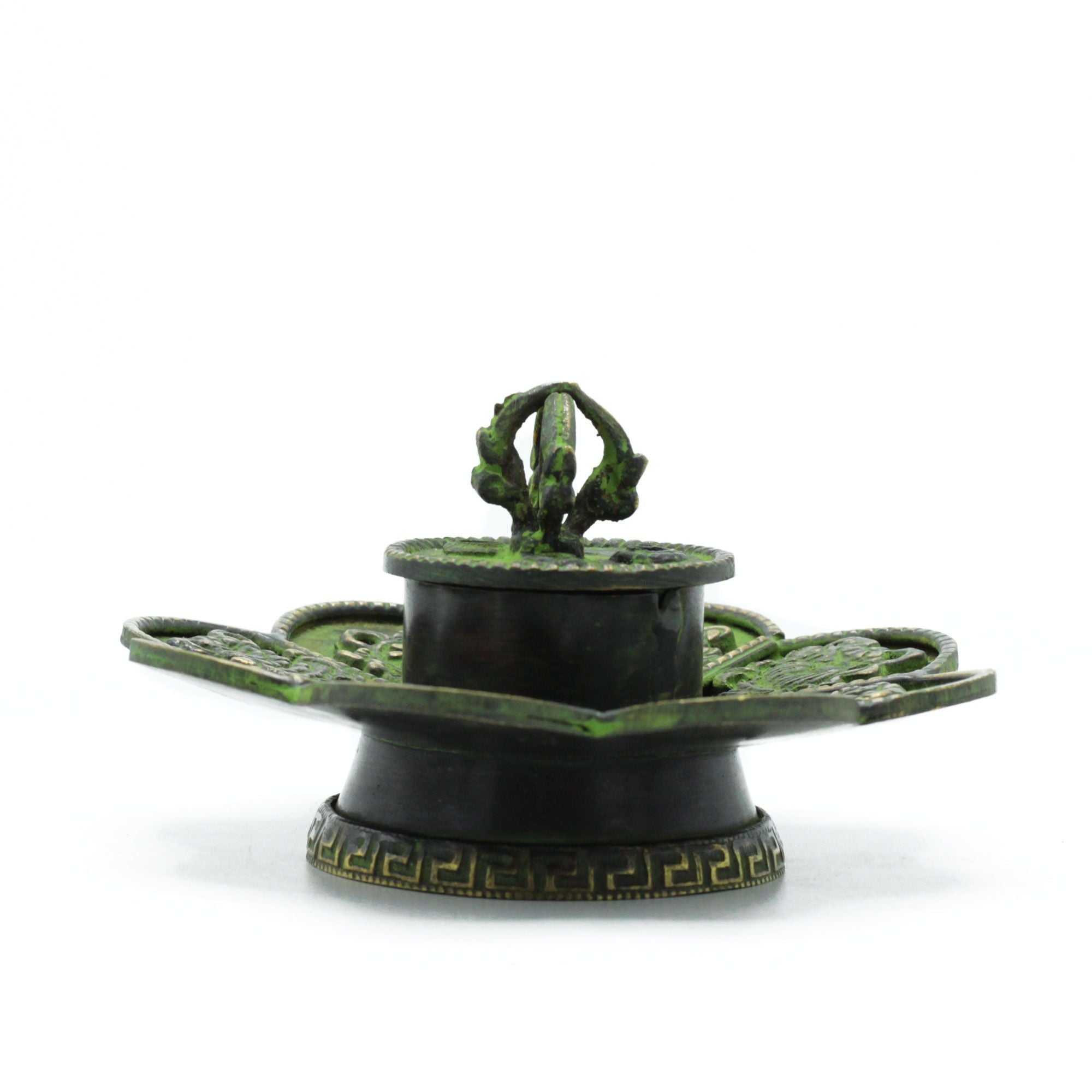 Brass Verdigris Tibetan Cone Incense Holder with Eight Symbols