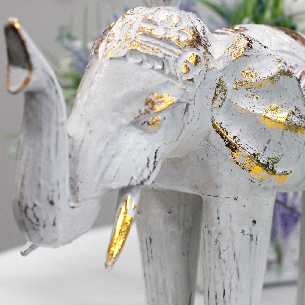 Wood Carved Elephant Decorative Figure in White Gold for Home Decor