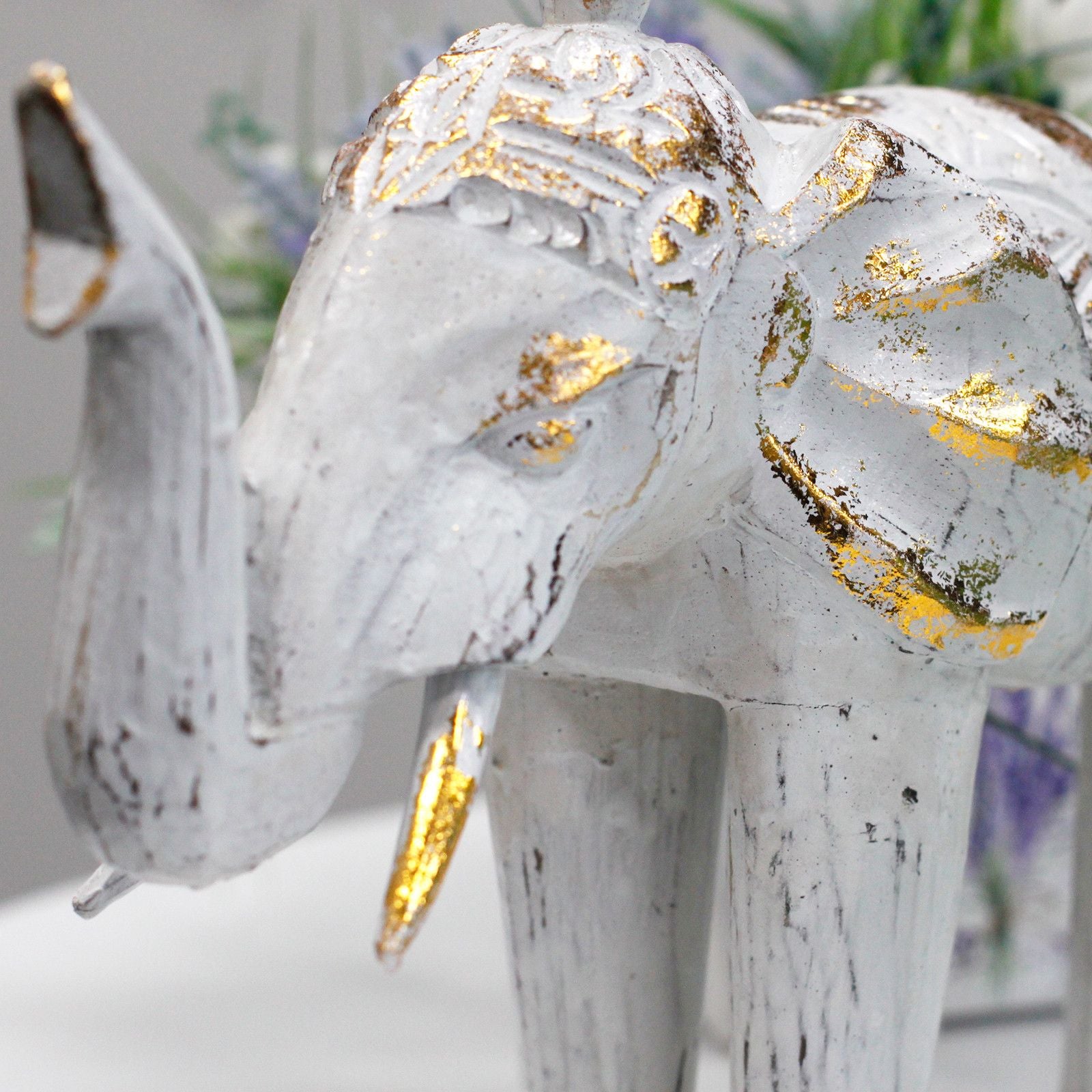 Wood Carved Elephant Decorative Figure in White Gold for Home Decor