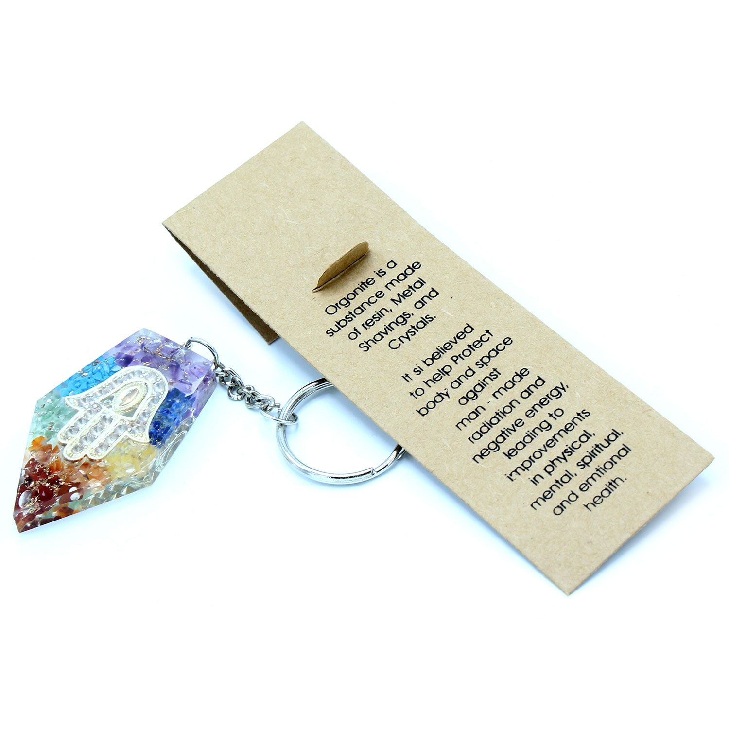 Orgonite Power Keyring with Gemstone Chakra Hamsa Design