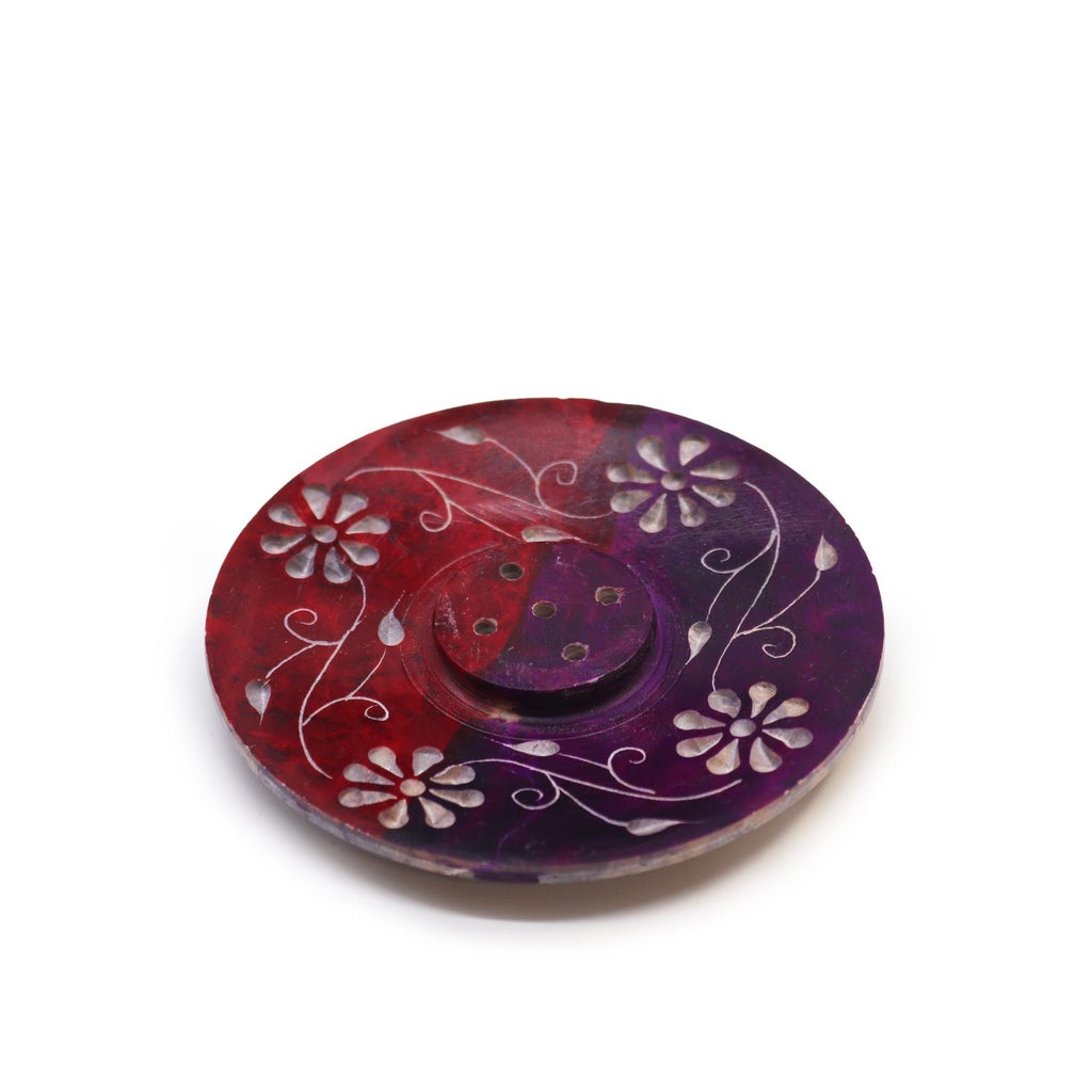Soapstone Disc Incense Holder with Floral Design for Five Sticks