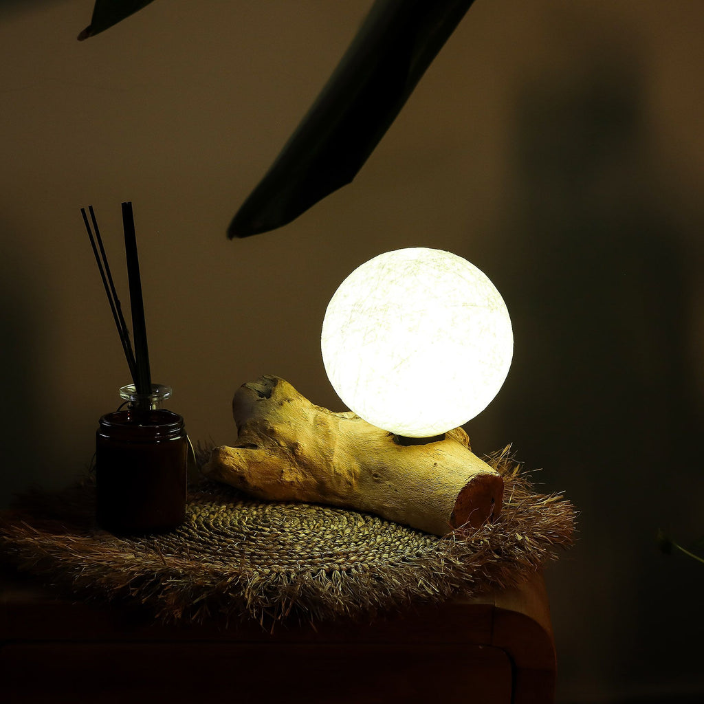 DriftGlow Lamp Cotton Luna Ivory Shade with Unique Driftwood Base