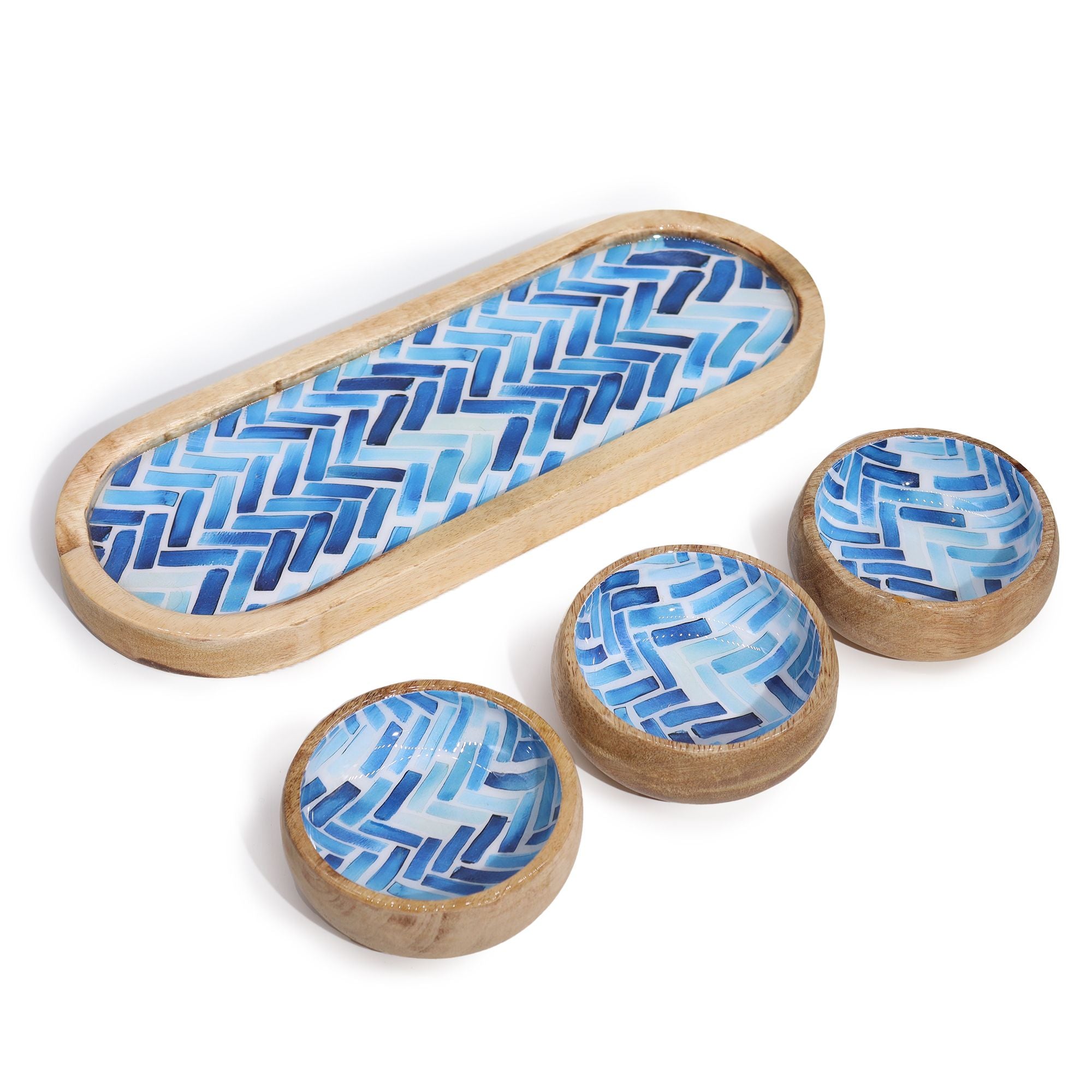 Mango Wood Tray with 3 Bowls in Blue Stripes for Home Decor