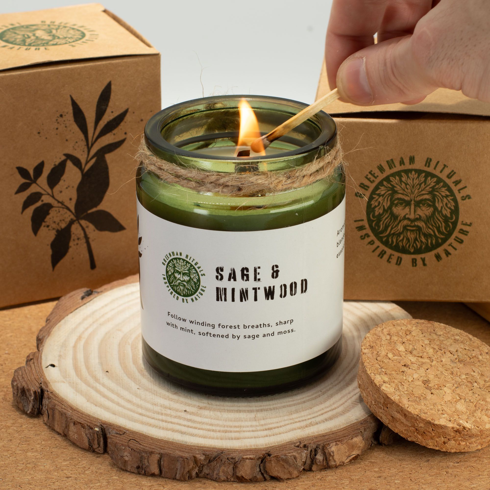 Greenman Woodwick Soy Candle Ash and Woodsmoke in Green Jar
