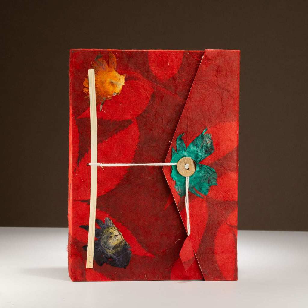 Lokta Large Bold Floral Notebook with Bookmark in Ruby Red