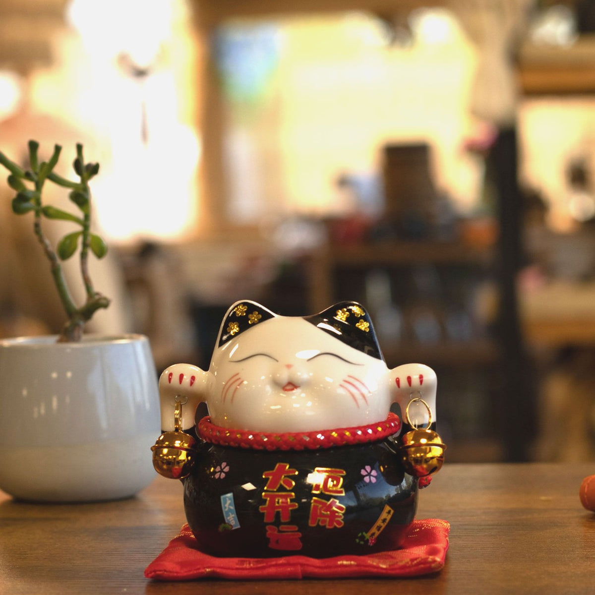 Japanese Lucky Cat Ceramic Money Box on Cushion – Black
