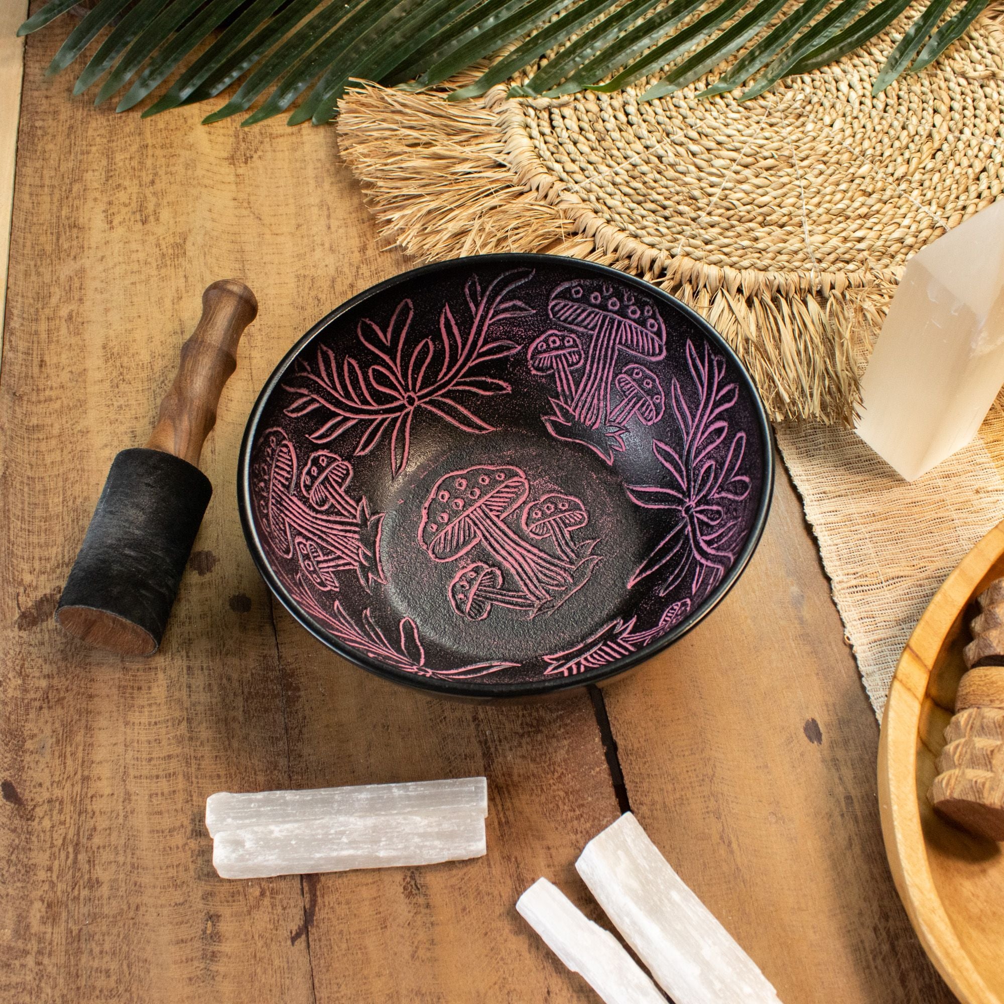 Magic Mushroom Pink Aluminum Singing Bowl with Botanical Engravings