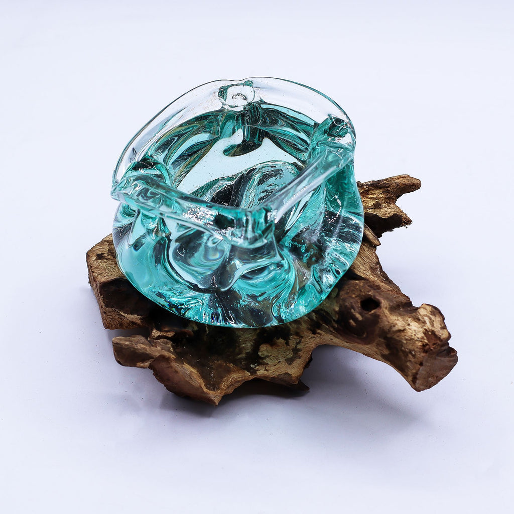 Molten Glass Chunky Ashtray and Candle Holder on Wood Base 23cm