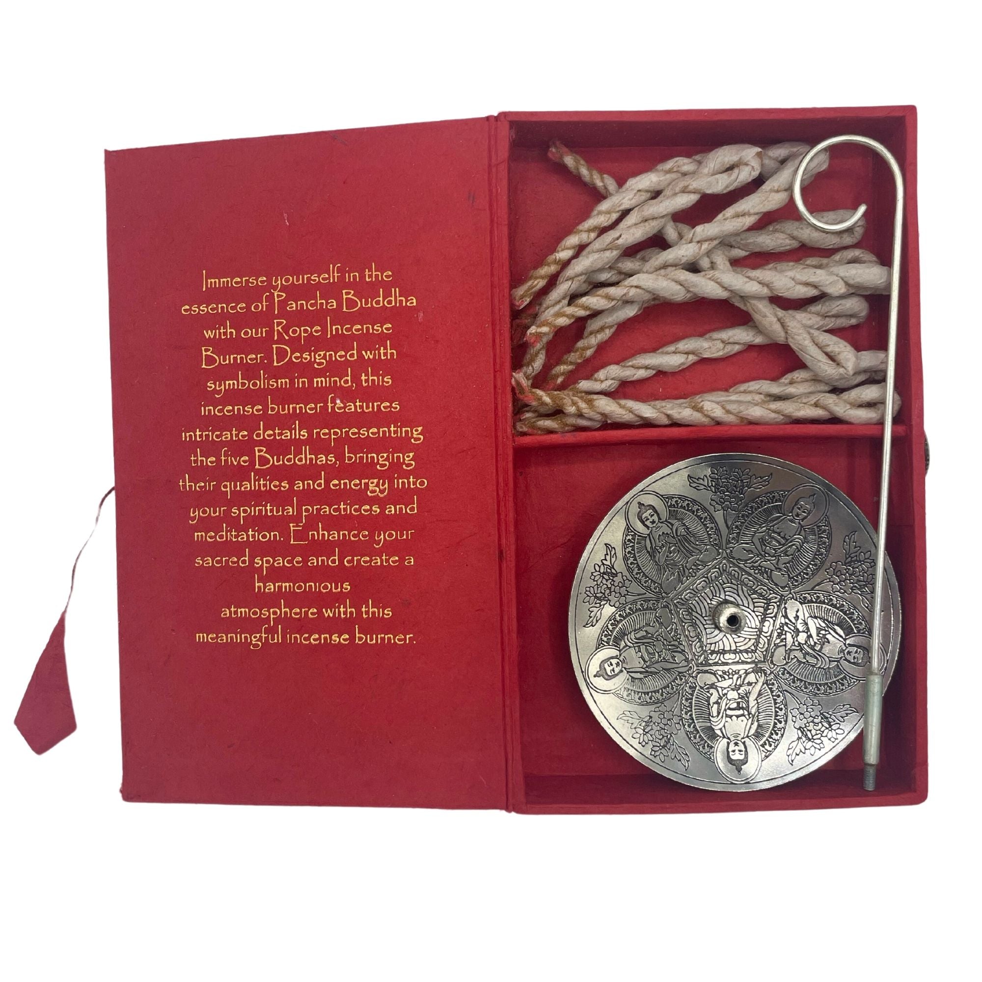 Rope Incense and Silver Plated Holder Set with Pancha Buddha Design